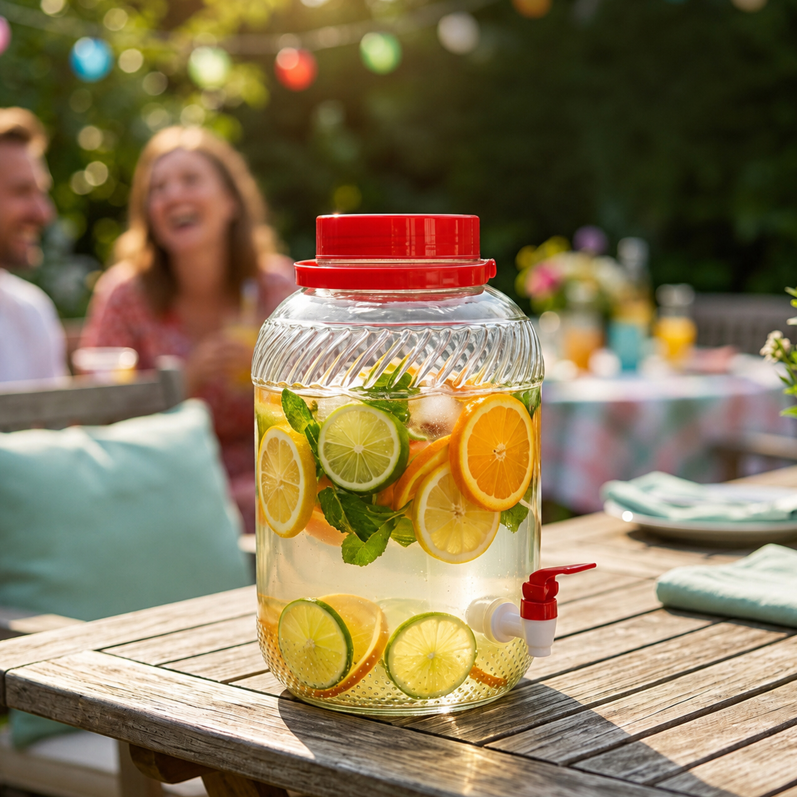 Ein Getränkespender aus Glas mit Zitrusfrüchten und Minze auf einem Holztisch im Freien.