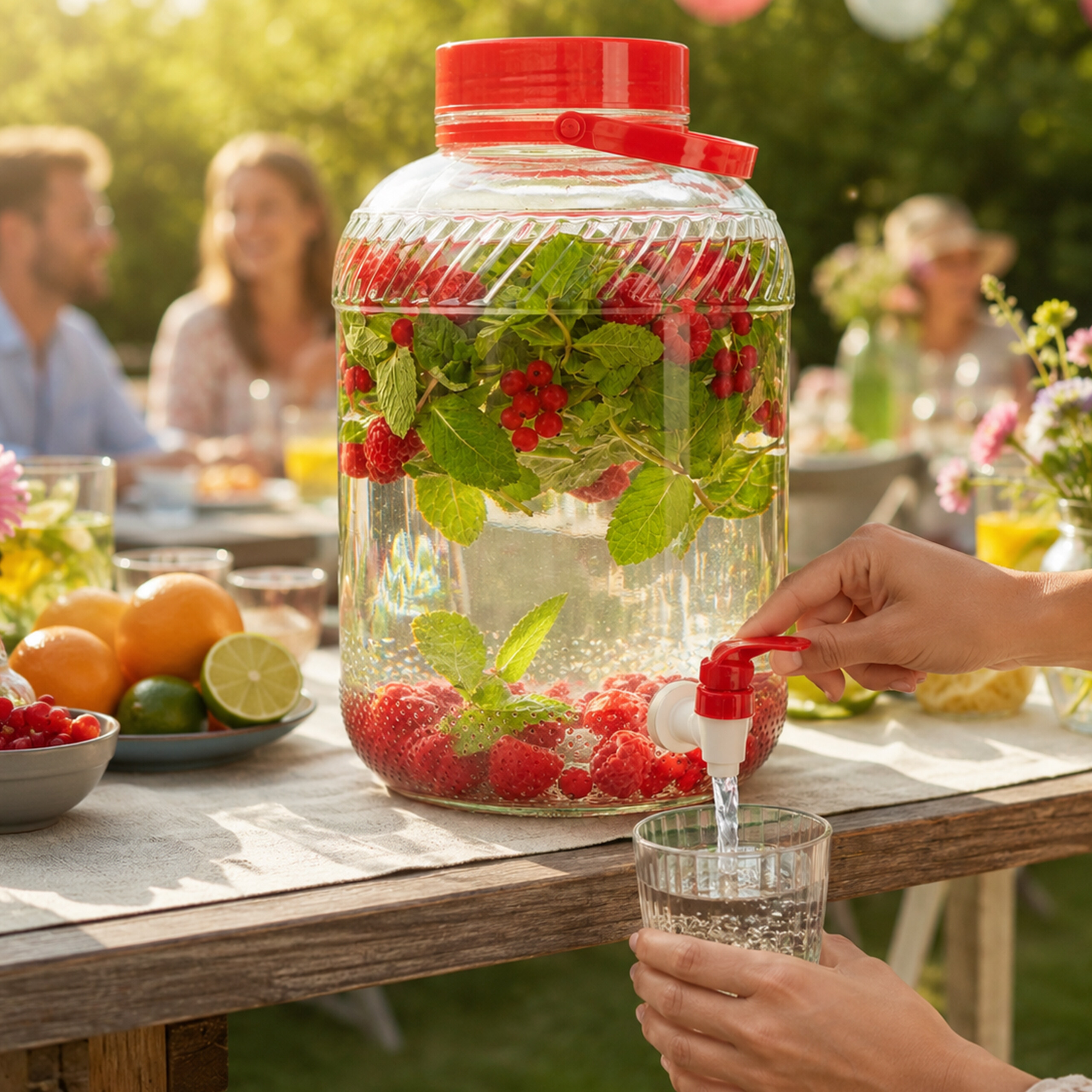 Eine Hand füllt Wasser aus einem großen Glasbehälter mit Himbeeren und Minze in ein Glas, im Hintergrund eine Gartenparty.