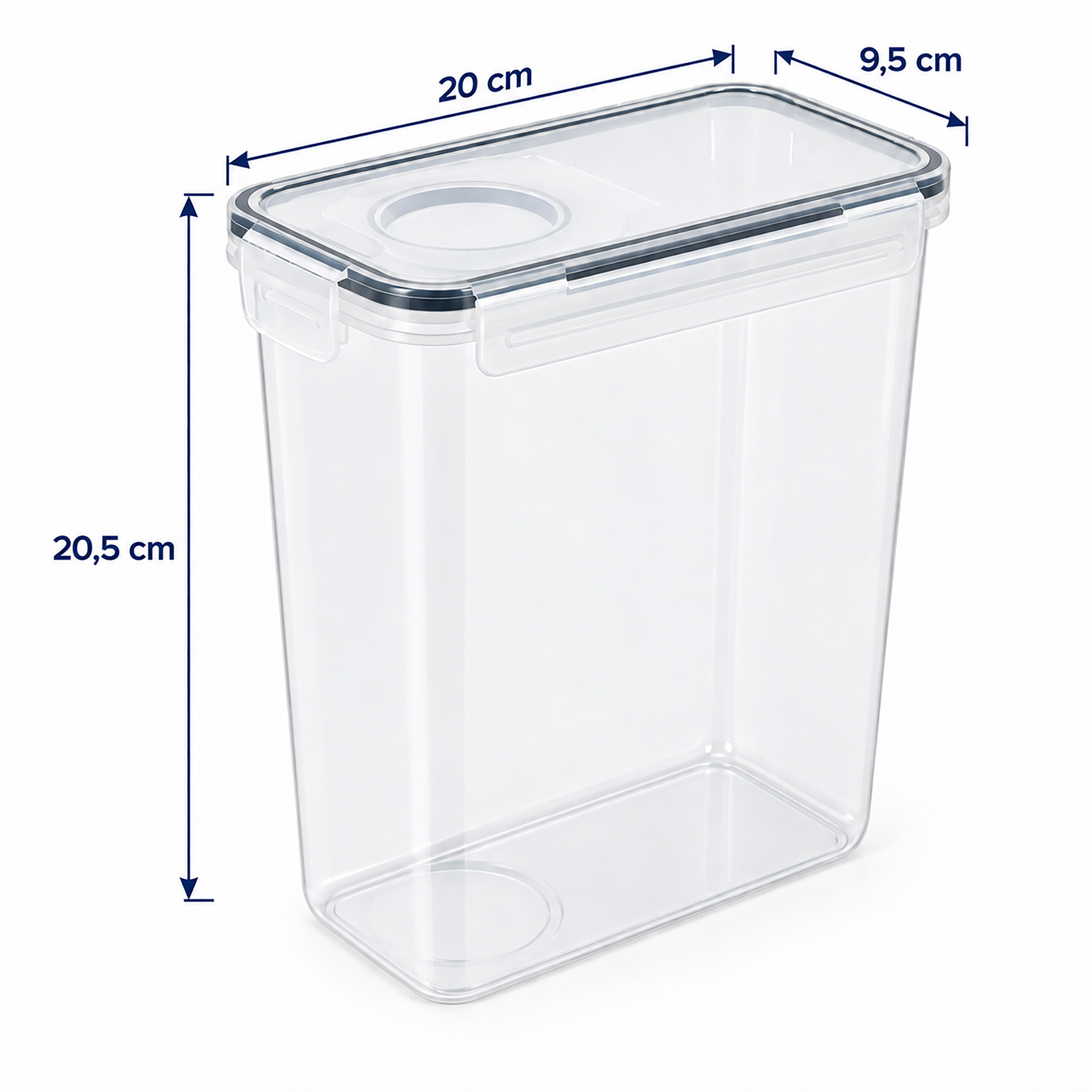 Transparenter Vorratsbehälter mit Deckel, Maße 20x9,5x20,5 cm, auf weißem Grund.