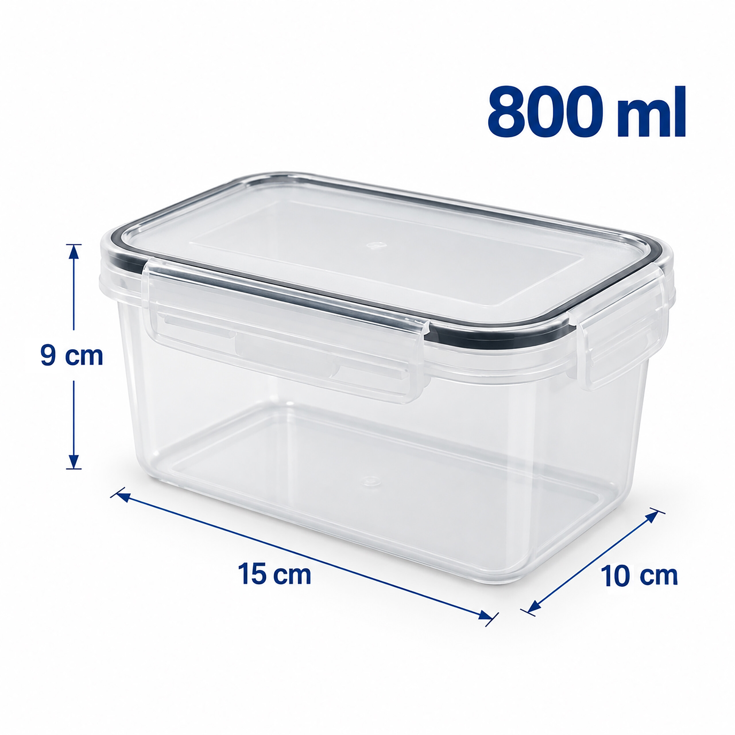 Transparente 800 ml Vorratsdose mit Deckel, Maße 15x10x9 cm.