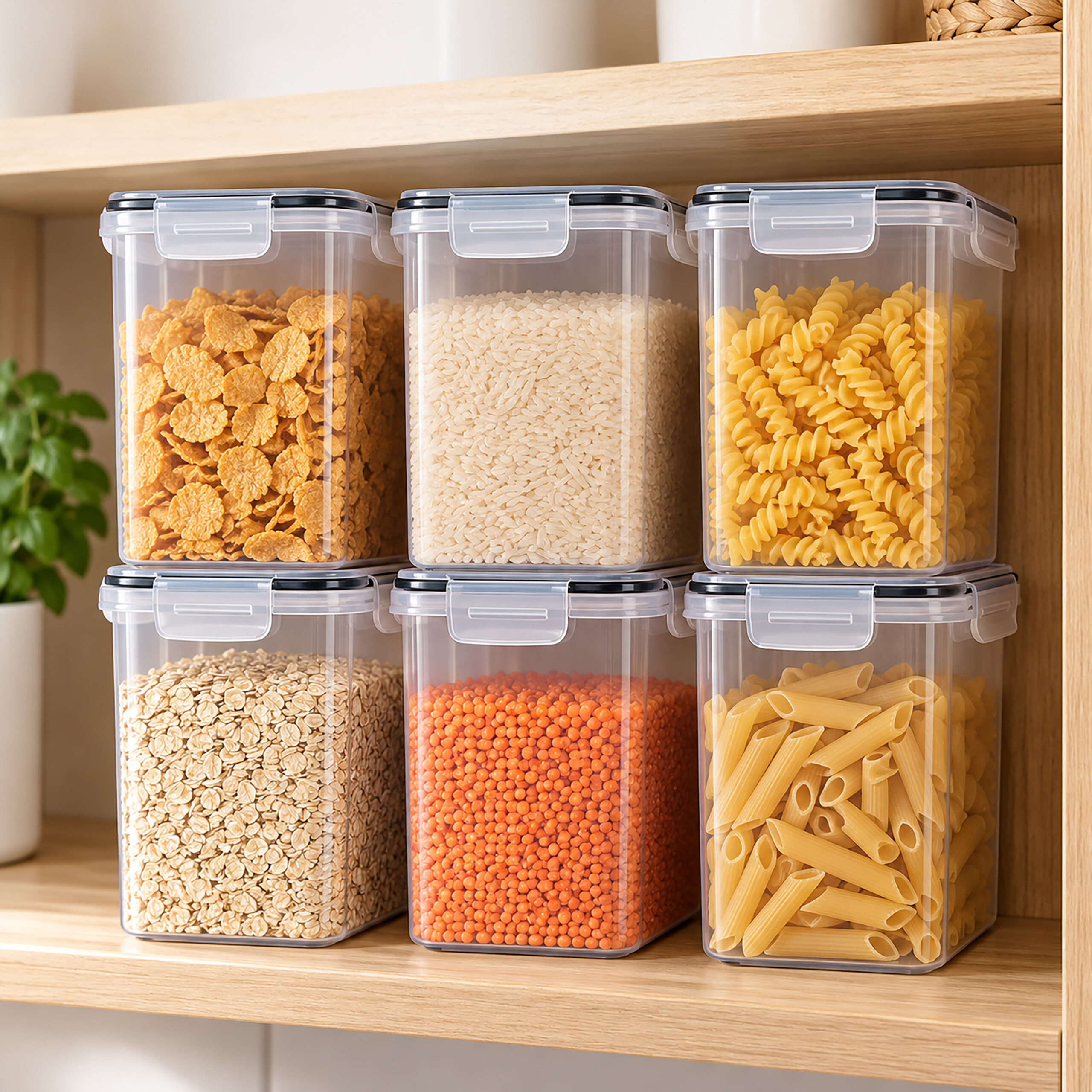 Sechs transparente Vorratsdosen mit Cerealien, Reis, Nudeln und Linsen auf einem Holzregal.