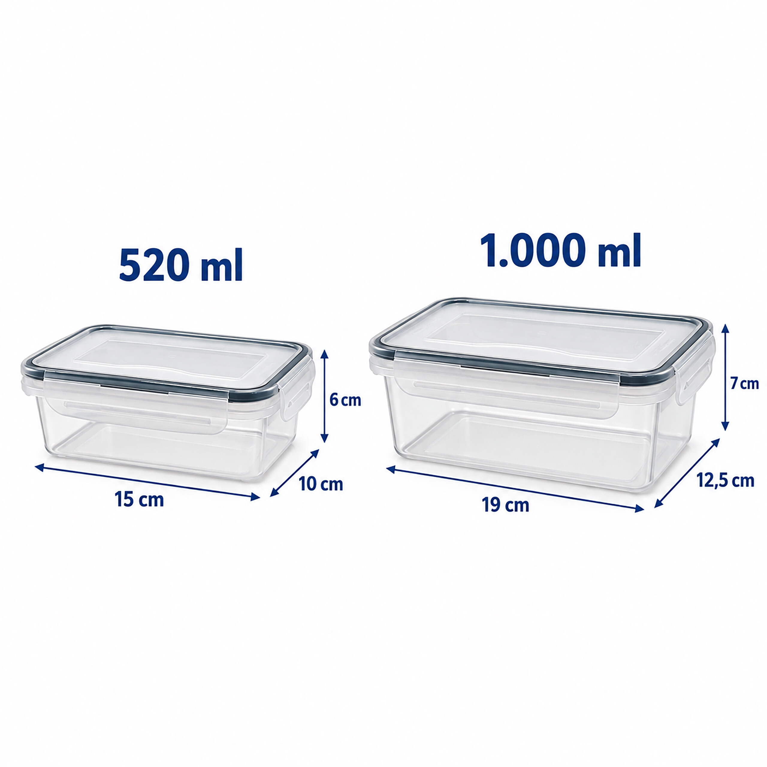 Zwei transparente Frischhalteboxen aus Kunststoff mit Maßen und Volumenangaben.