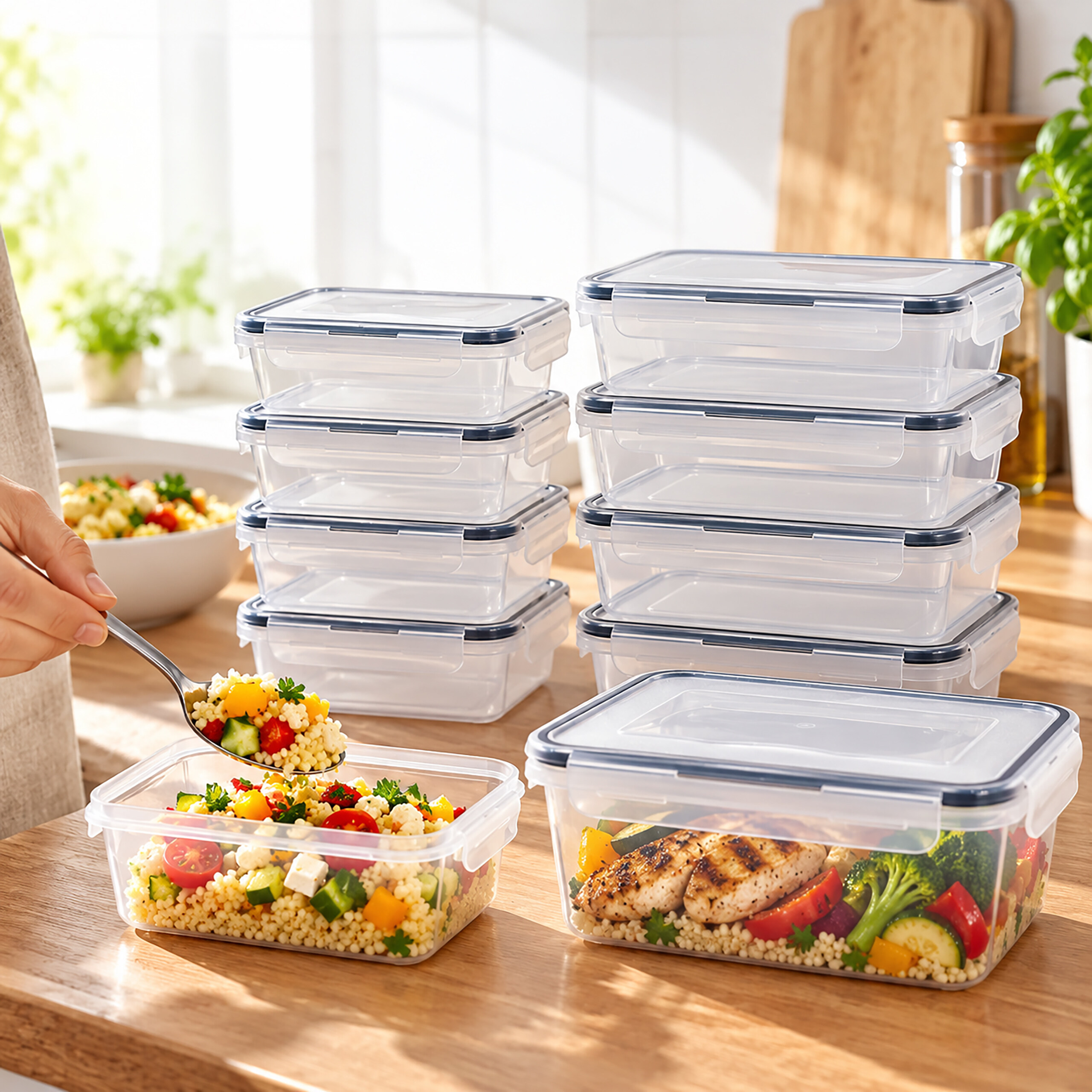 Stapel aus transparenten Frischhaltedosen auf einem Holztisch, eine Person füllt Salat ein.