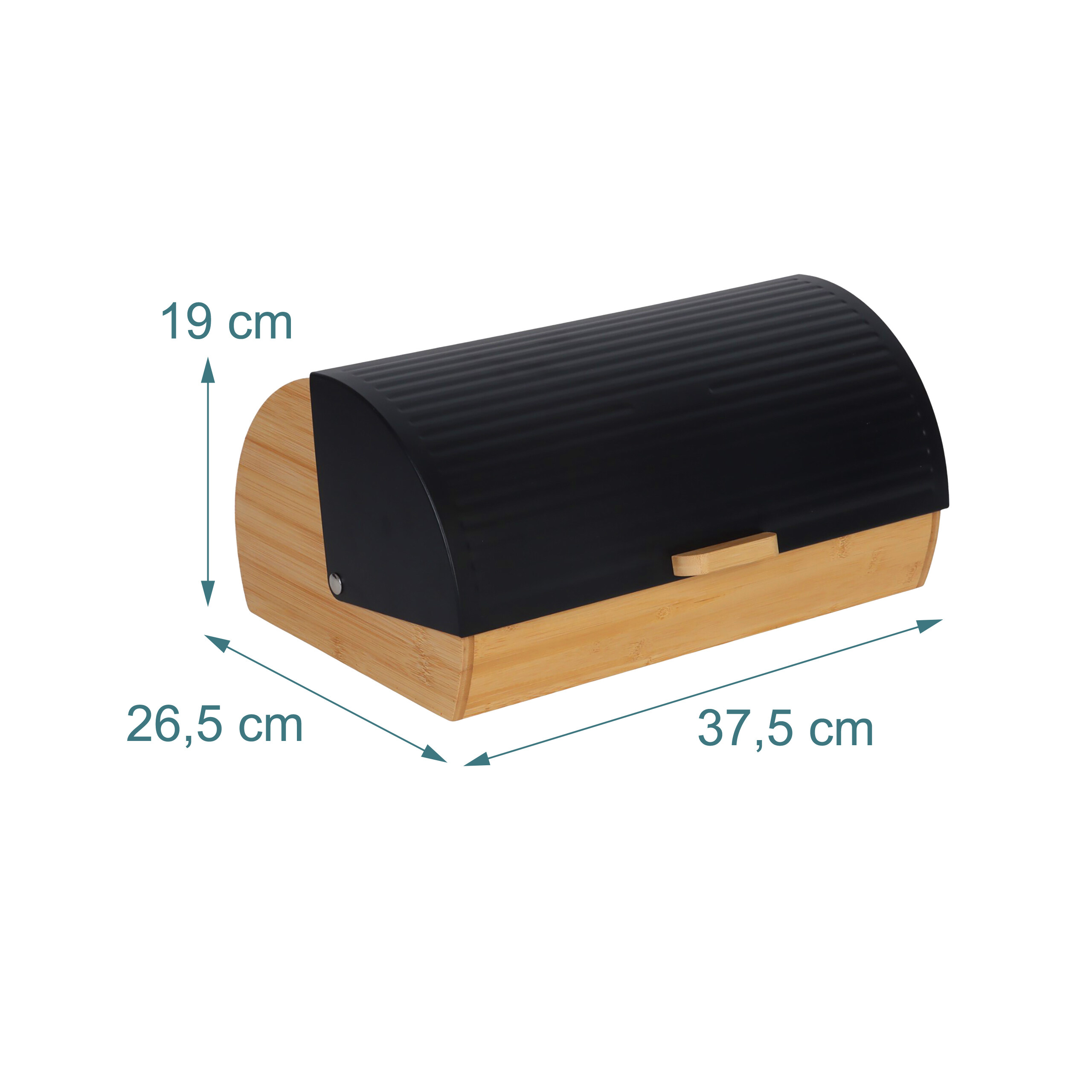 Bambus-Brotkasten mit schwarzem Rolldeckel, Maße 37,5 x 26,5 x 19 cm, auf weißem Hintergrund.