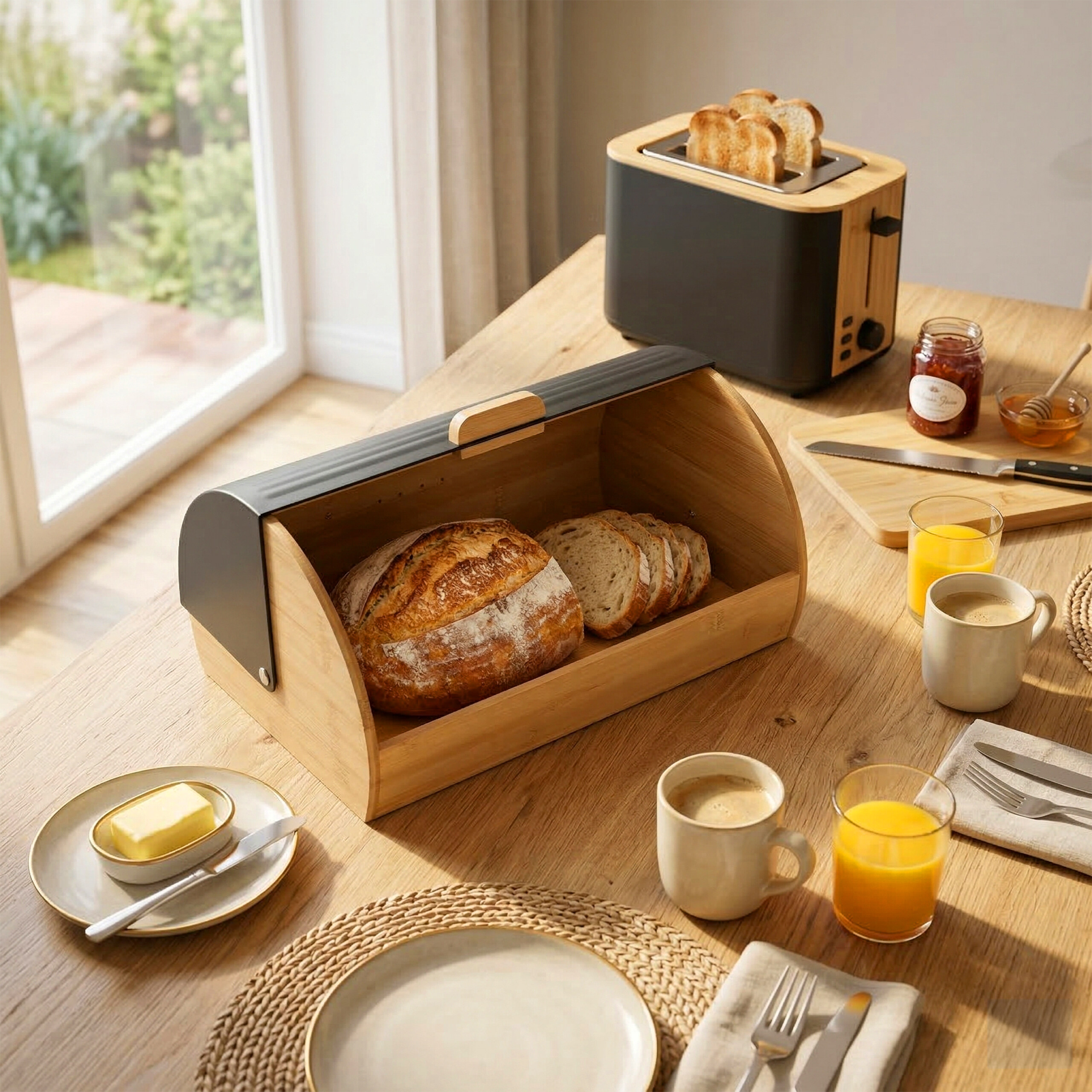 Frühstückstisch mit Brotkasten, Brotscheiben, Toaster mit Toast, Kaffeetassen und Orangensaft in der Sonne.