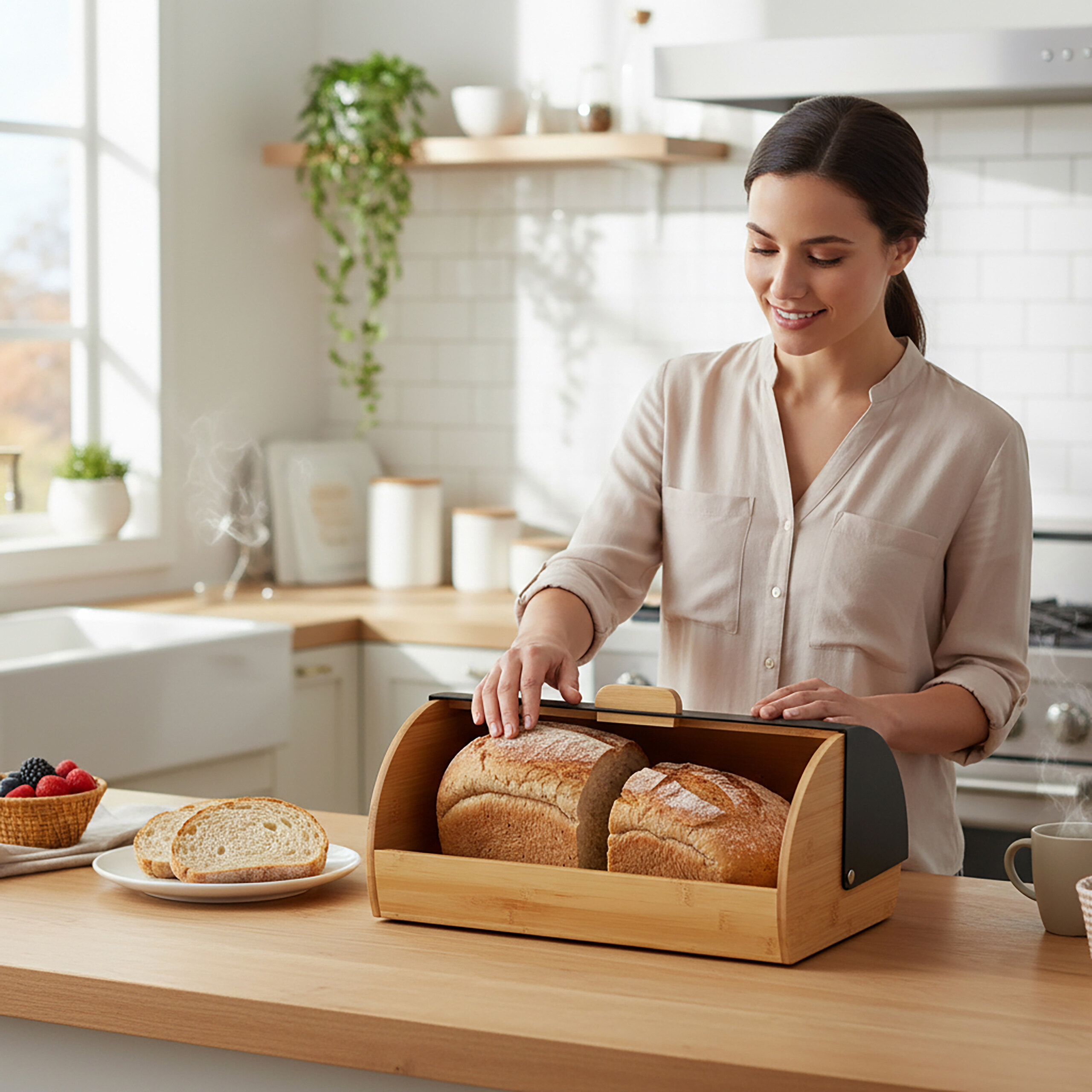 Eine Frau in einer Küche öffnet einen hölzernen Brot Kasten mit frischem Brot.