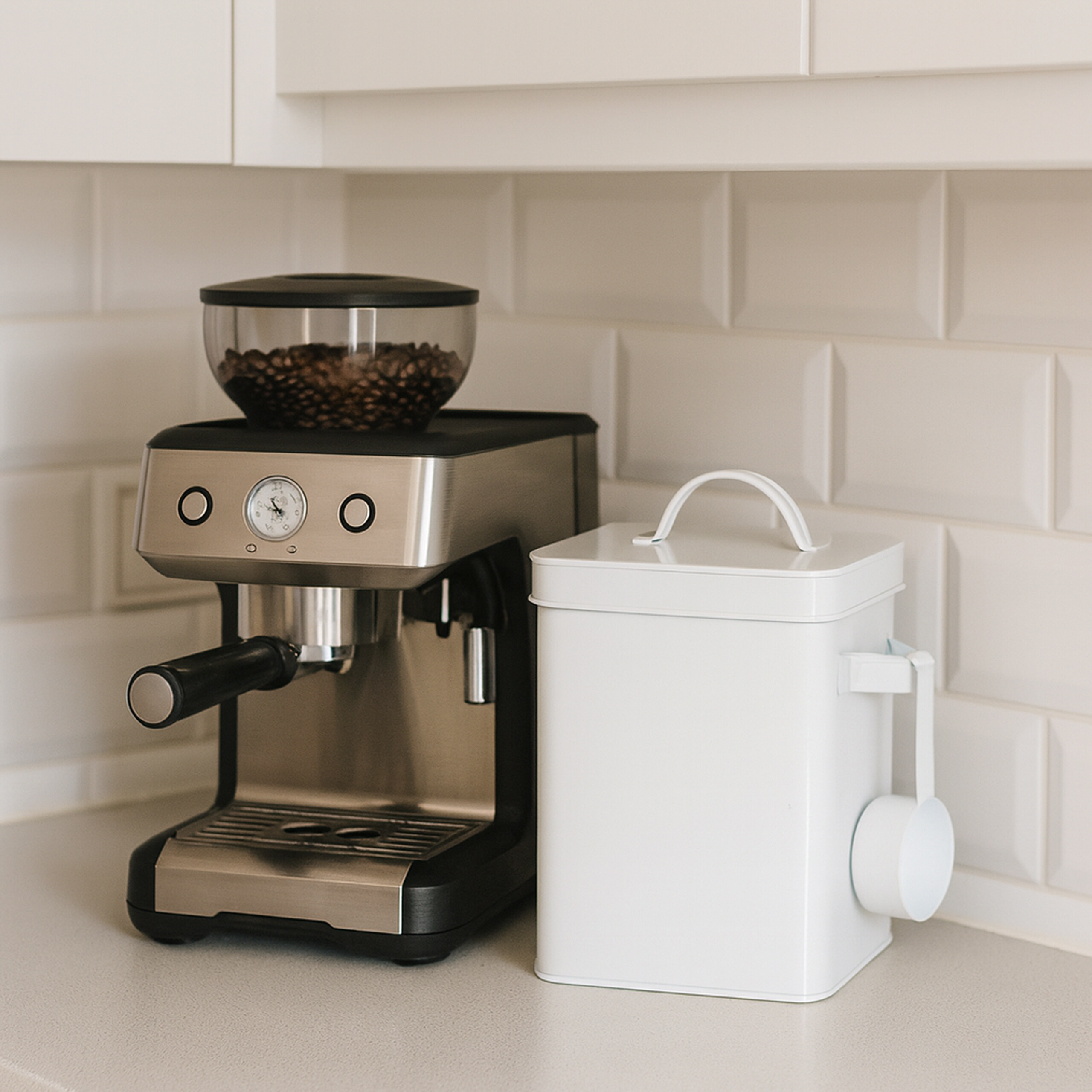 Eine silberne Kaffeemaschine mit Bohnen und ein weißer Behälter stehen auf einer Küchentheke vor weißen Fliesen.