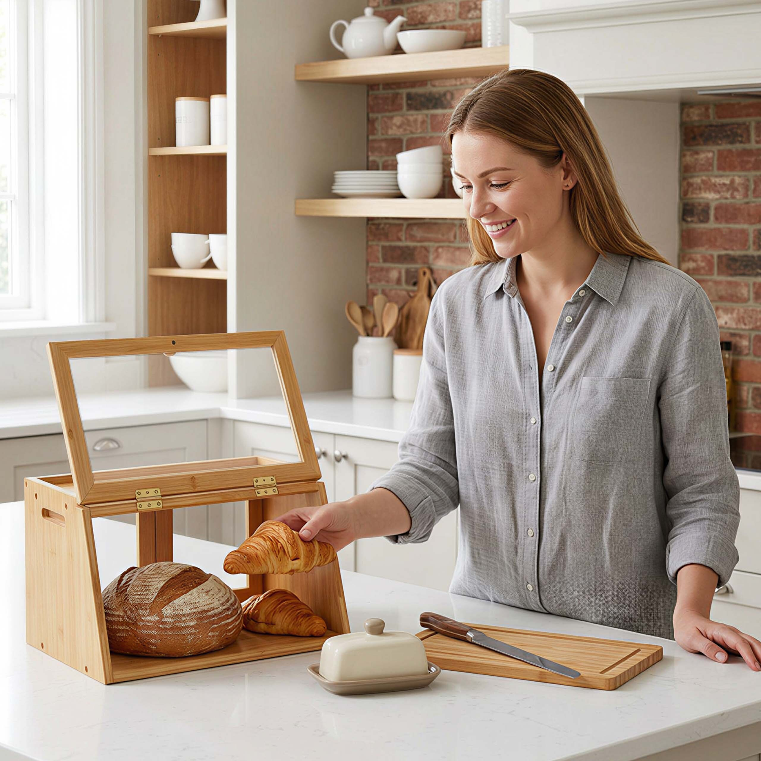 Eine lächelnde Frau in einem grauen Hemd nimmt ein Croissant aus einem Holz-Brotkasten.