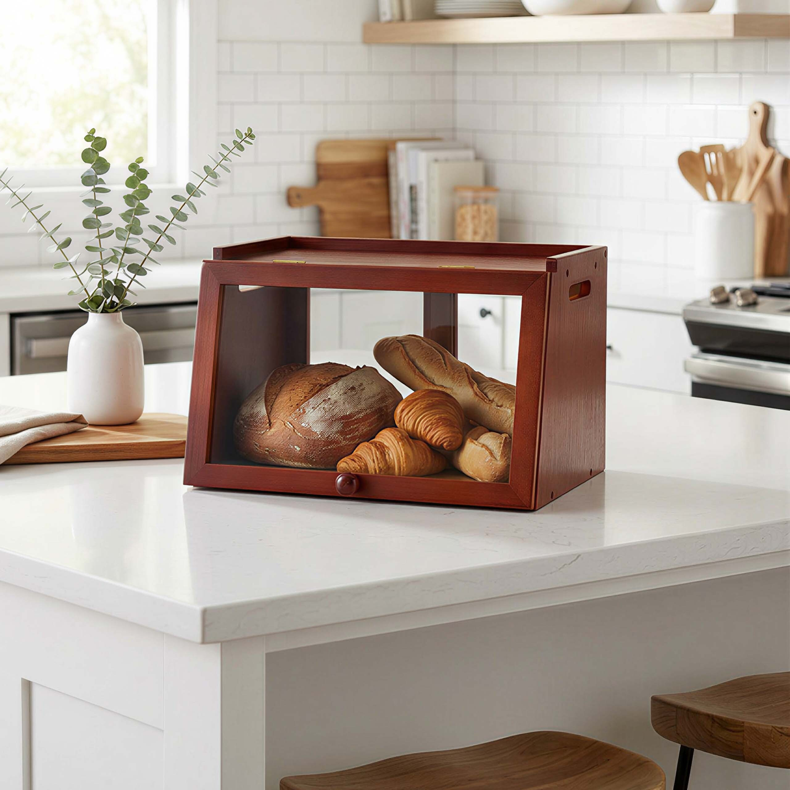 Ein Brotkasten aus Holz mit Glastür steht auf einer weißen Küchentheke und enthält verschiedene Brote und Croissants.