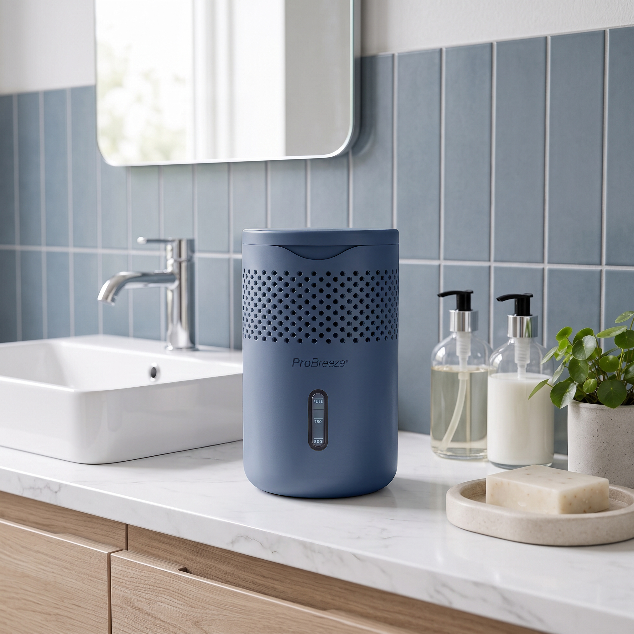 Ein blauer Pro Breeze Entfeuchter steht auf einem Badezimmerwaschtisch neben Seife und Pflanzen.