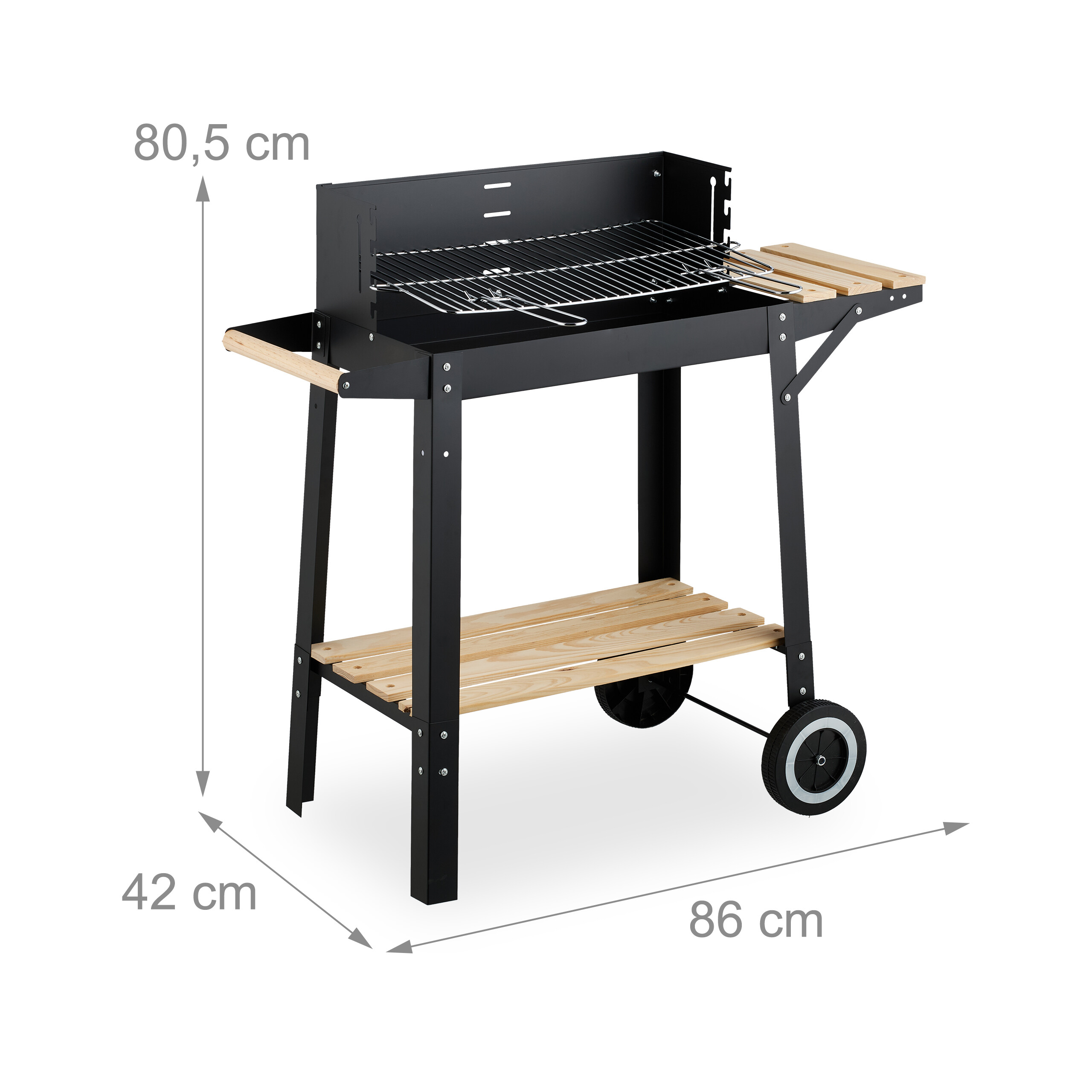 Schwarzer Holzkohlegrill mit Holzablagen und Maßen von 86x42x80,5 cm auf weißem Hintergrund.