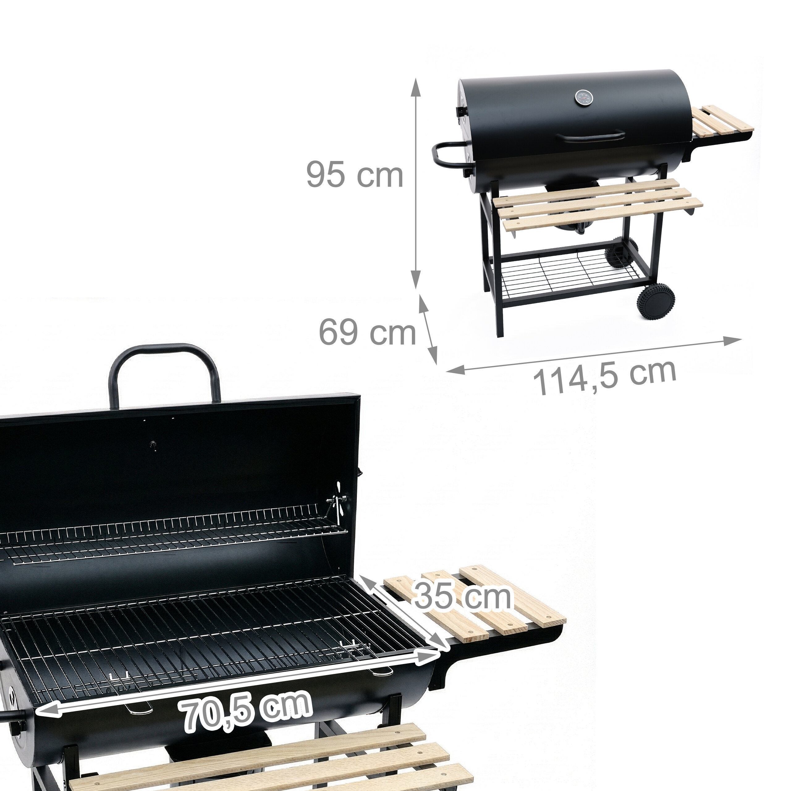 Ein schwarzer Holzkohlegrill mit Holzablagen und Maßangaben auf weißem Hintergrund.