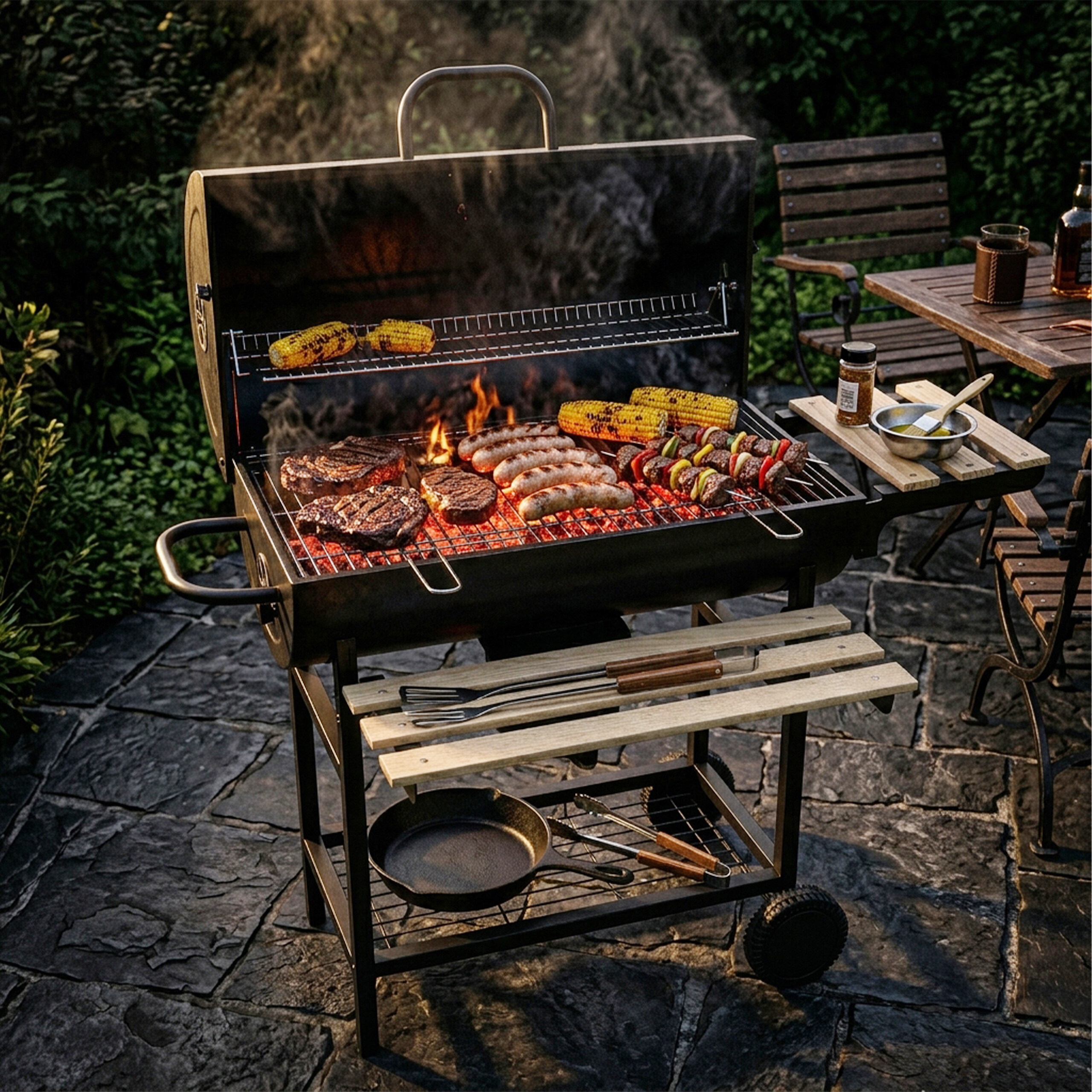 Ein Holzkohlegrill im Freien mit Steaks, Würstchen, Spießen und Mais auf Flammen, auf einer Steinterrasse.