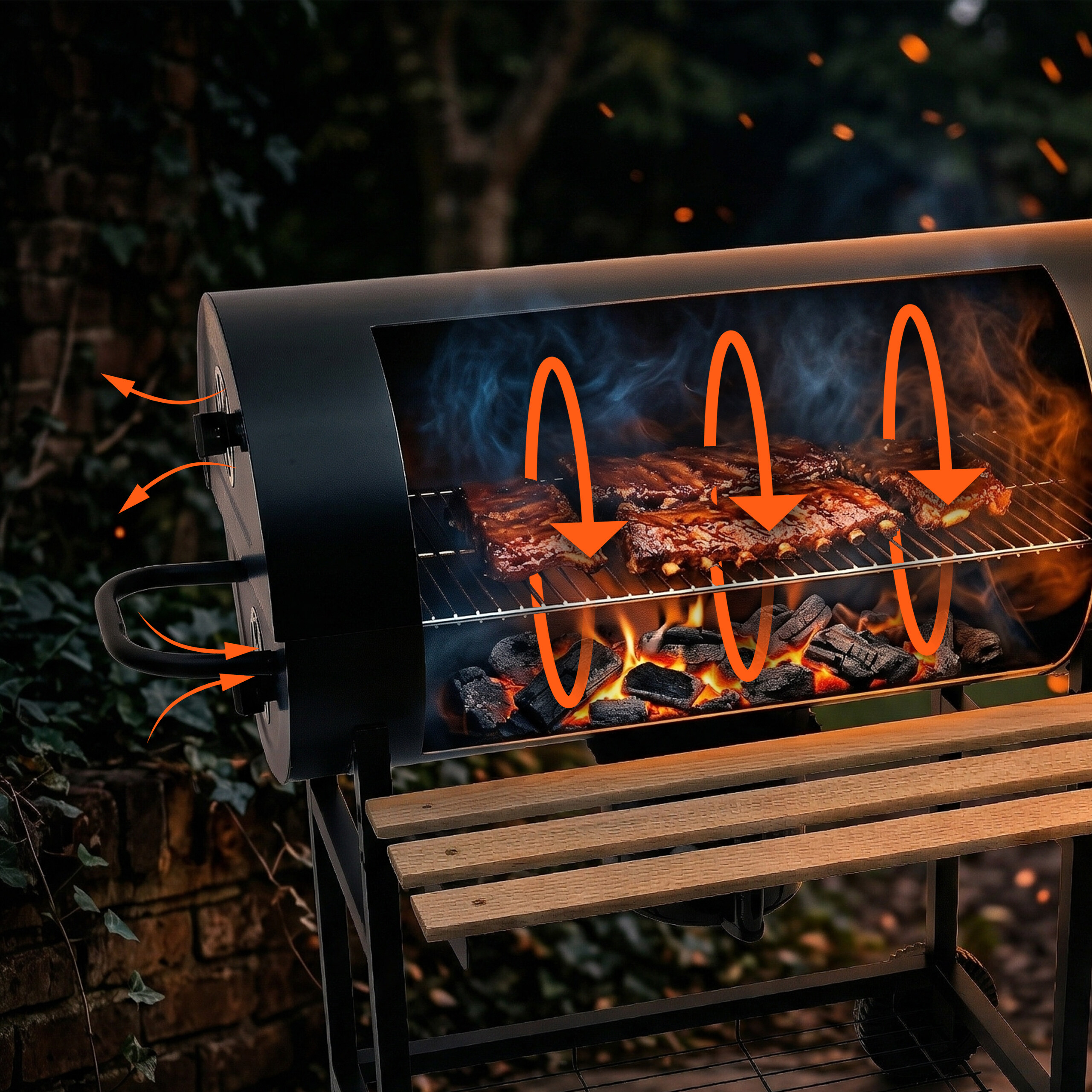 Querschnitt eines Grills mit glühender Holzkohle, Fleisch und orangen Pfeilen, die den Luftstrom zeigen.