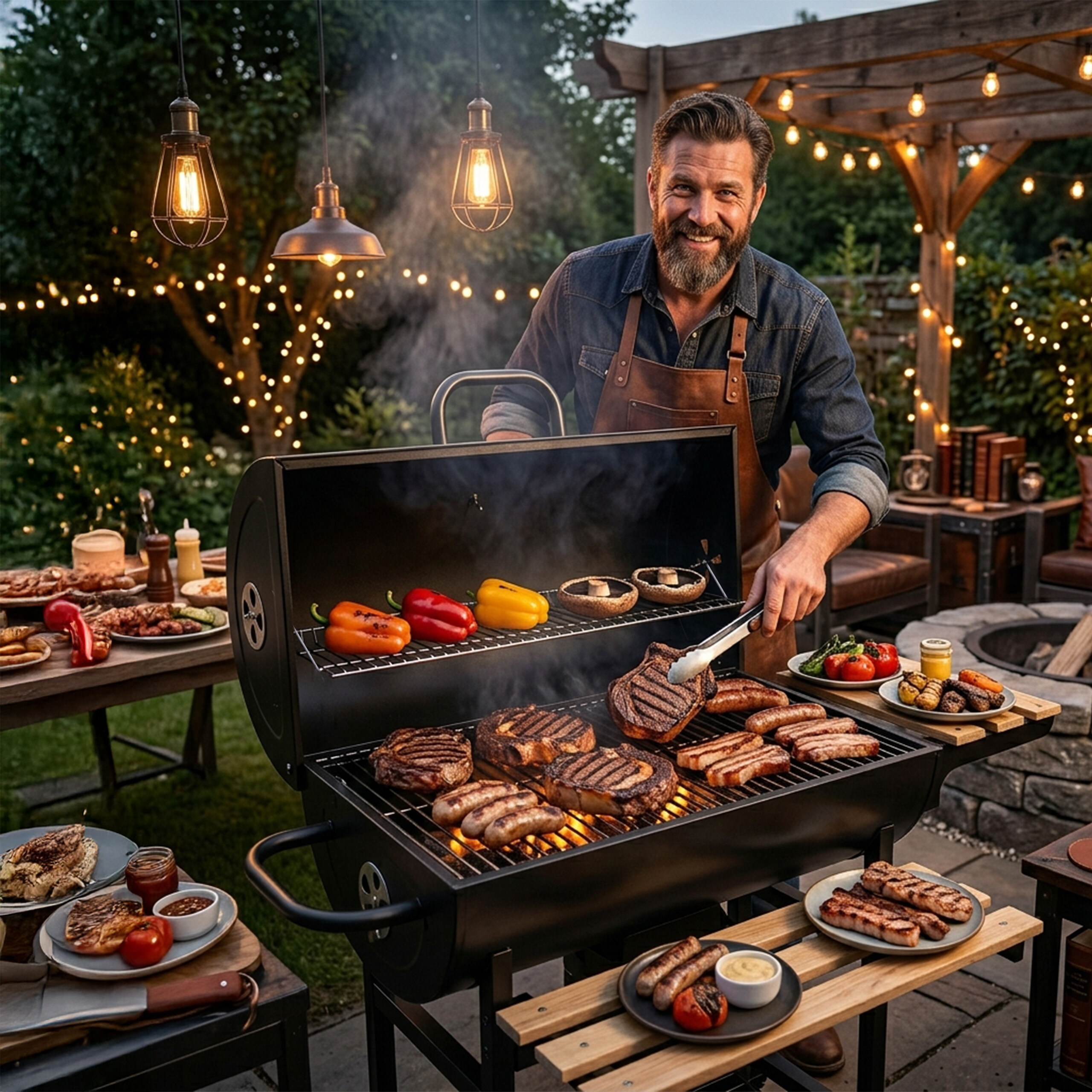 Ein lächelnder Mann grillt Steaks und Würstchen bei einer Gartenparty mit bunten Paprikas und Lichterketten.