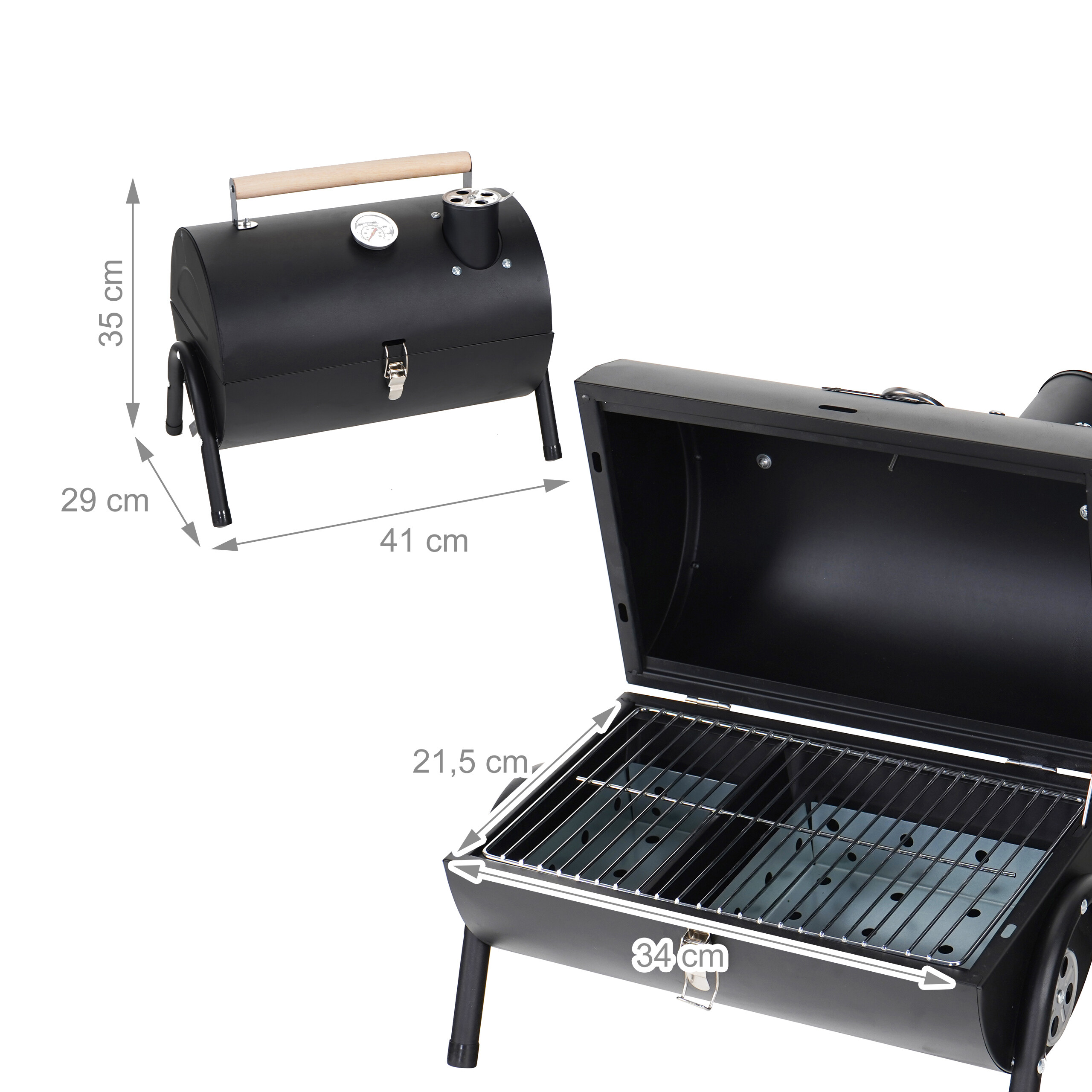 Ein schwarzer Tischgrill mit geschlossener und geöffneter Ansicht sowie Maßangaben in Zentimetern.