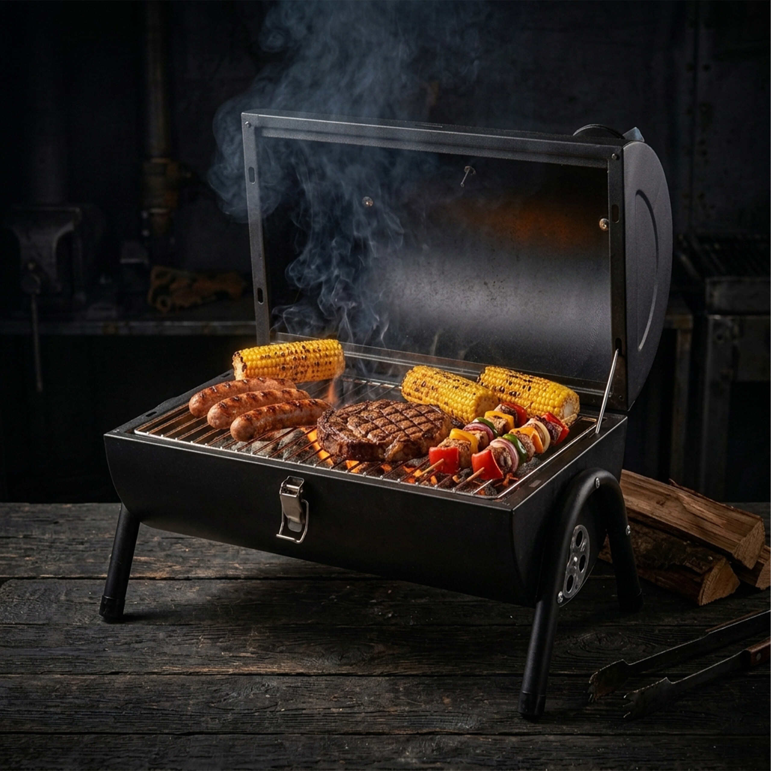 Ein schwarzer Holzkohlegrill auf dunklem Holz gart Fleisch, Mais und Spieße, während Rauch aufsteigt.