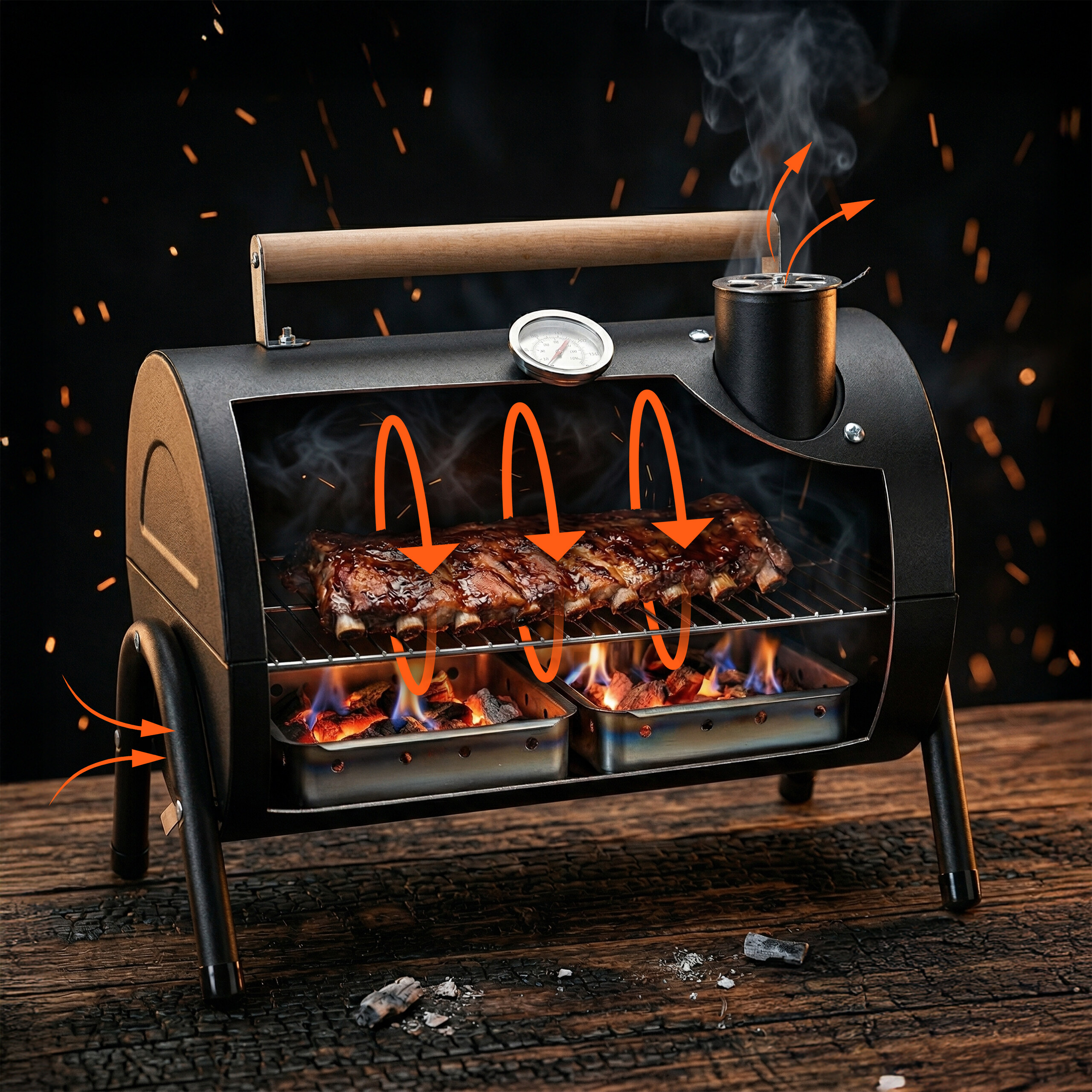 Tragbarer Räuchergrill mit brennender Holzkohle, rohen Rippchen und aufsteigendem Rauch auf dunklem Hintergrund.