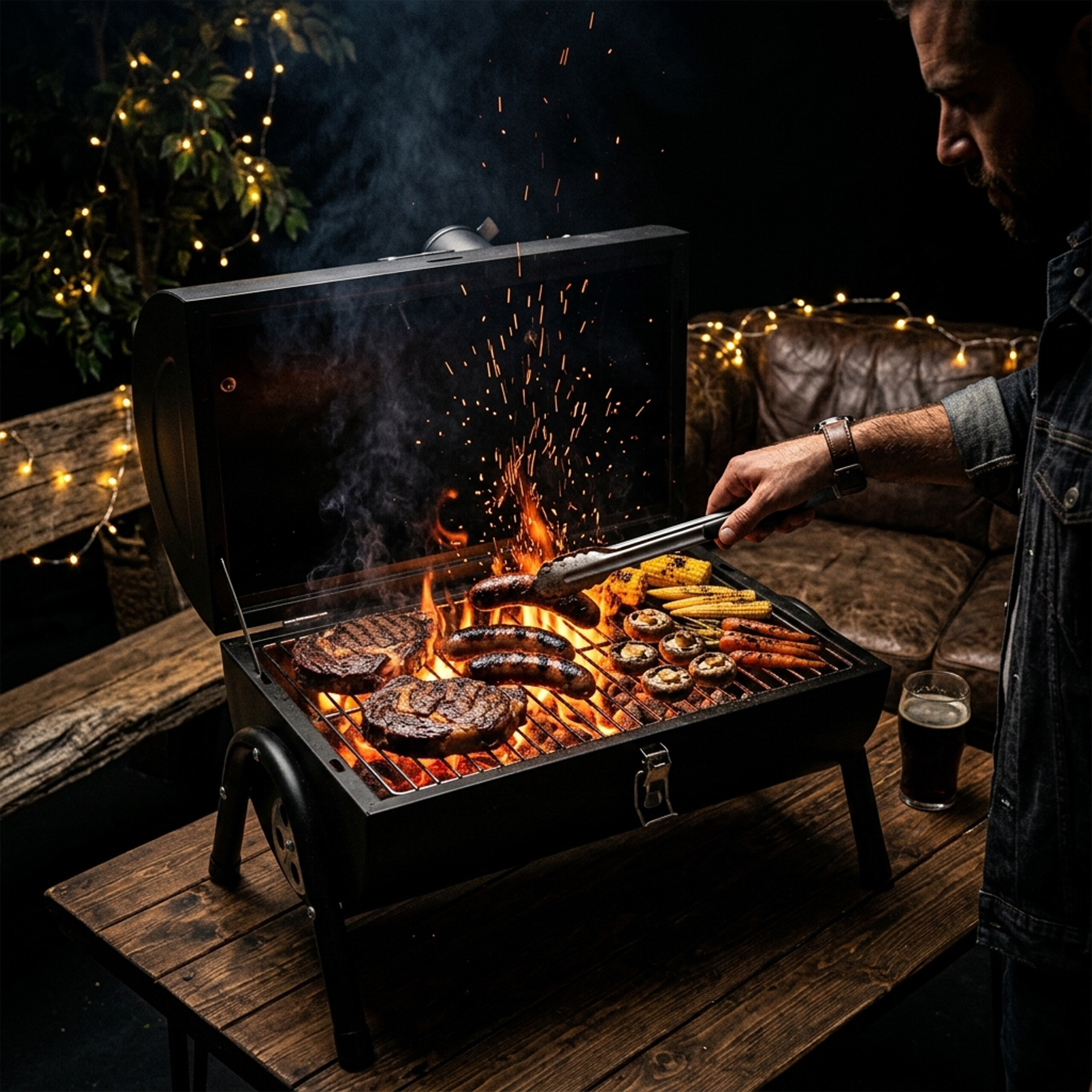 Ein Mann grillt Steaks, Würstchen und Gemüse bei Nacht, mit Funkenflug.