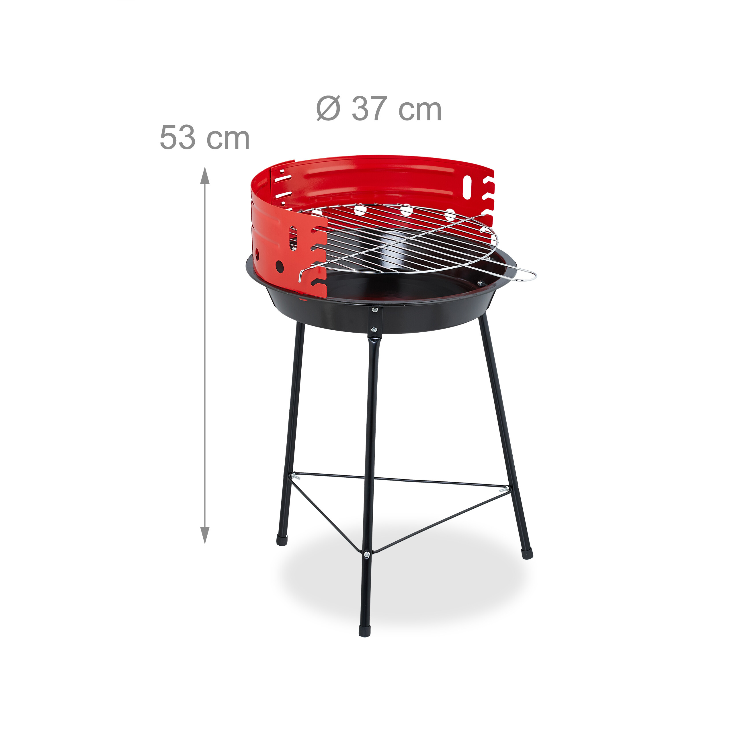 Ein runder, schwarz-roter Holzkohlegrill mit Ständern, 53 cm hoch und 37 cm im Durchmesser.