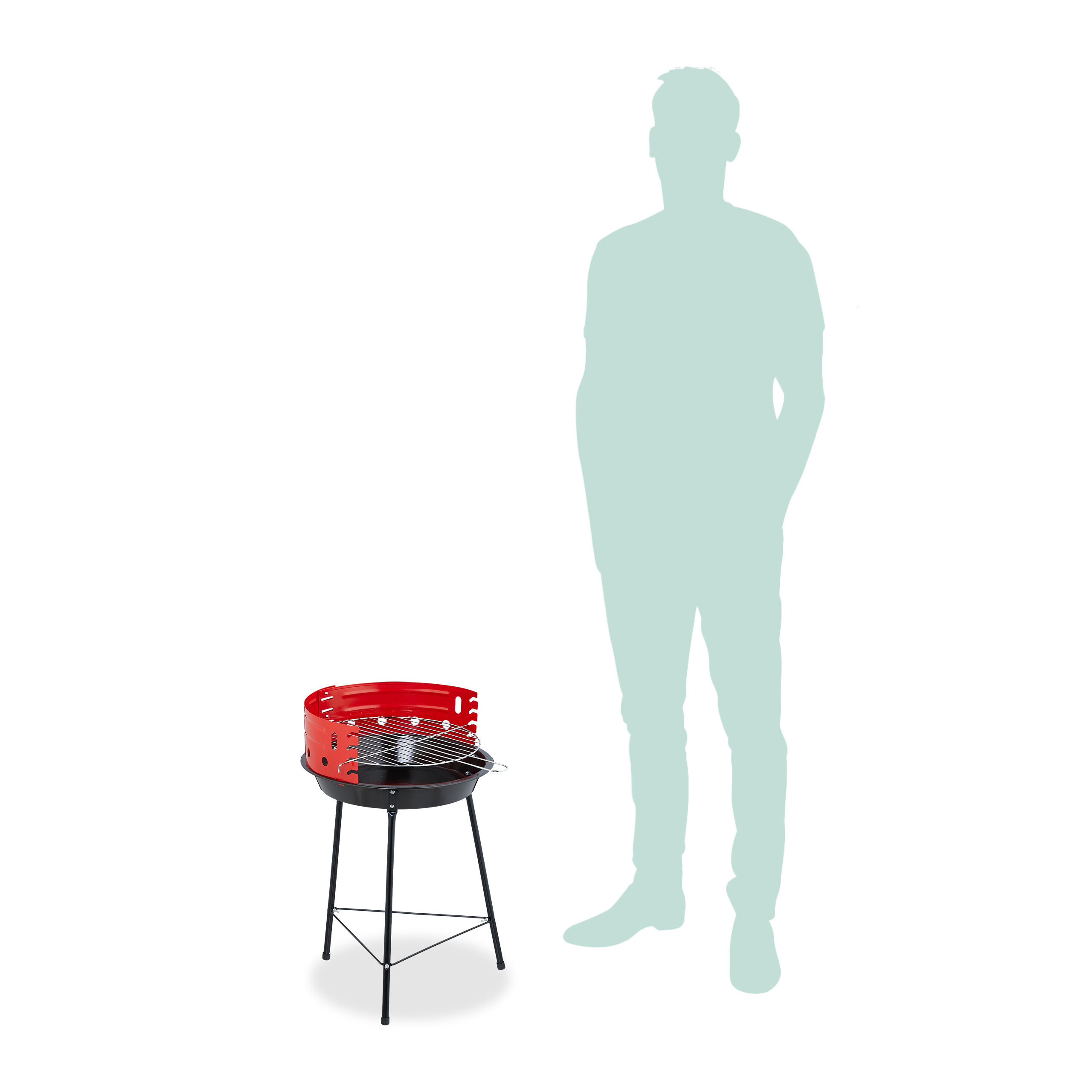 Ein kleiner roter und schwarzer Grill steht neben der hellgrünen Silhouette einer menschlichen Figur.