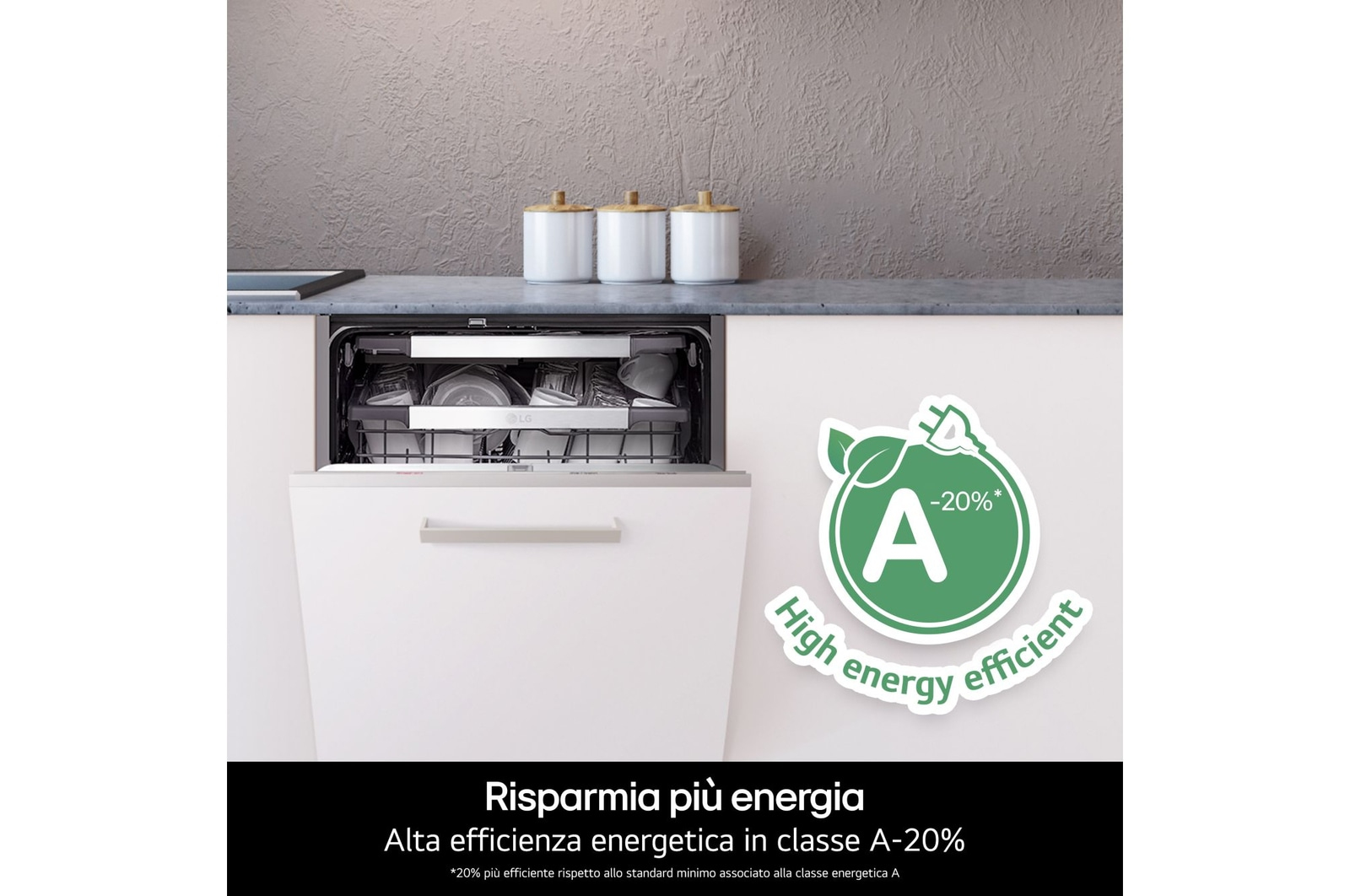 Lavastoviglie bianca aperta con etichetta verde di efficienza energetica A-20%.
