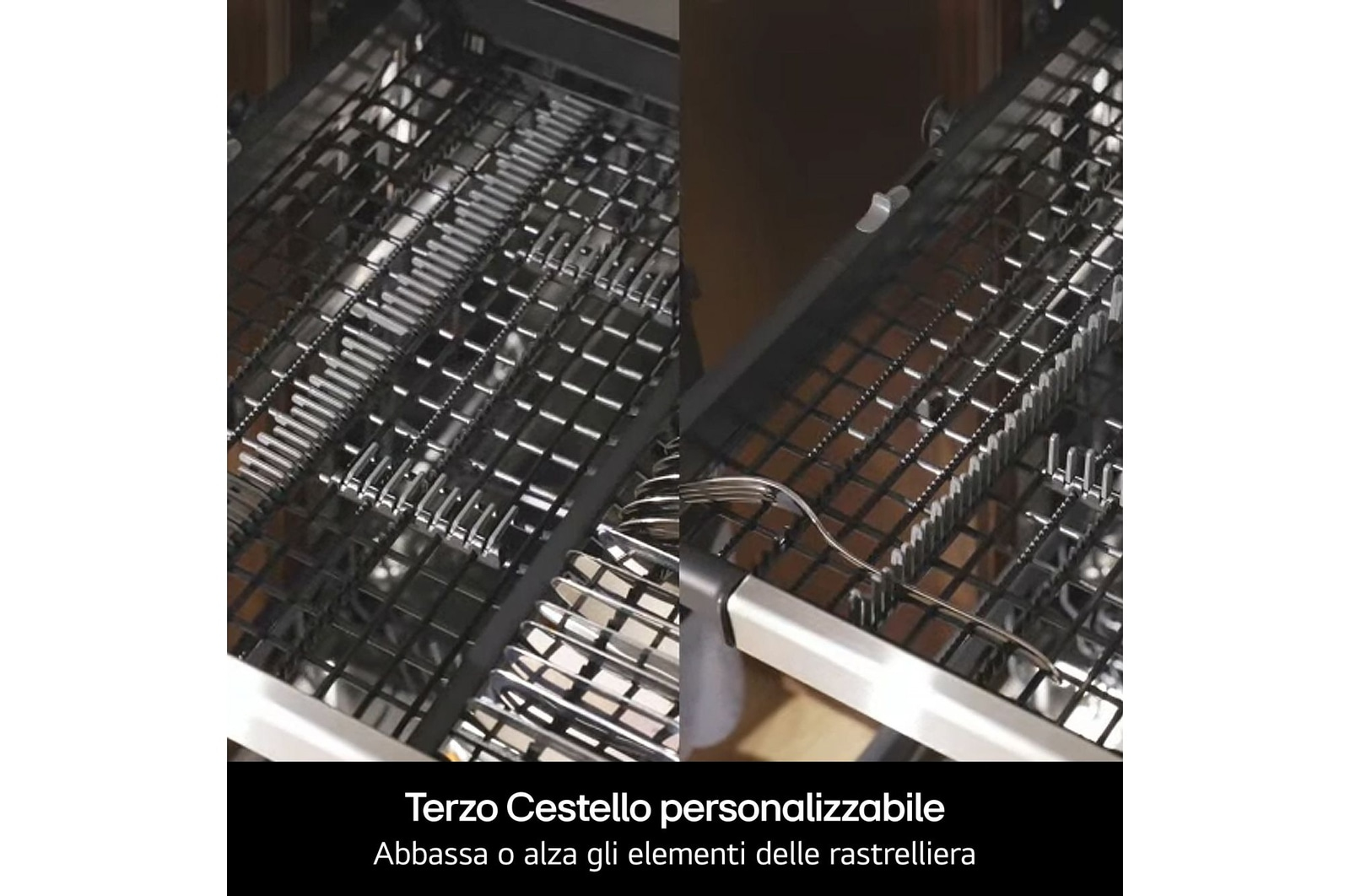 Terzo cestello di una lavastoviglie con elementi regolabili.