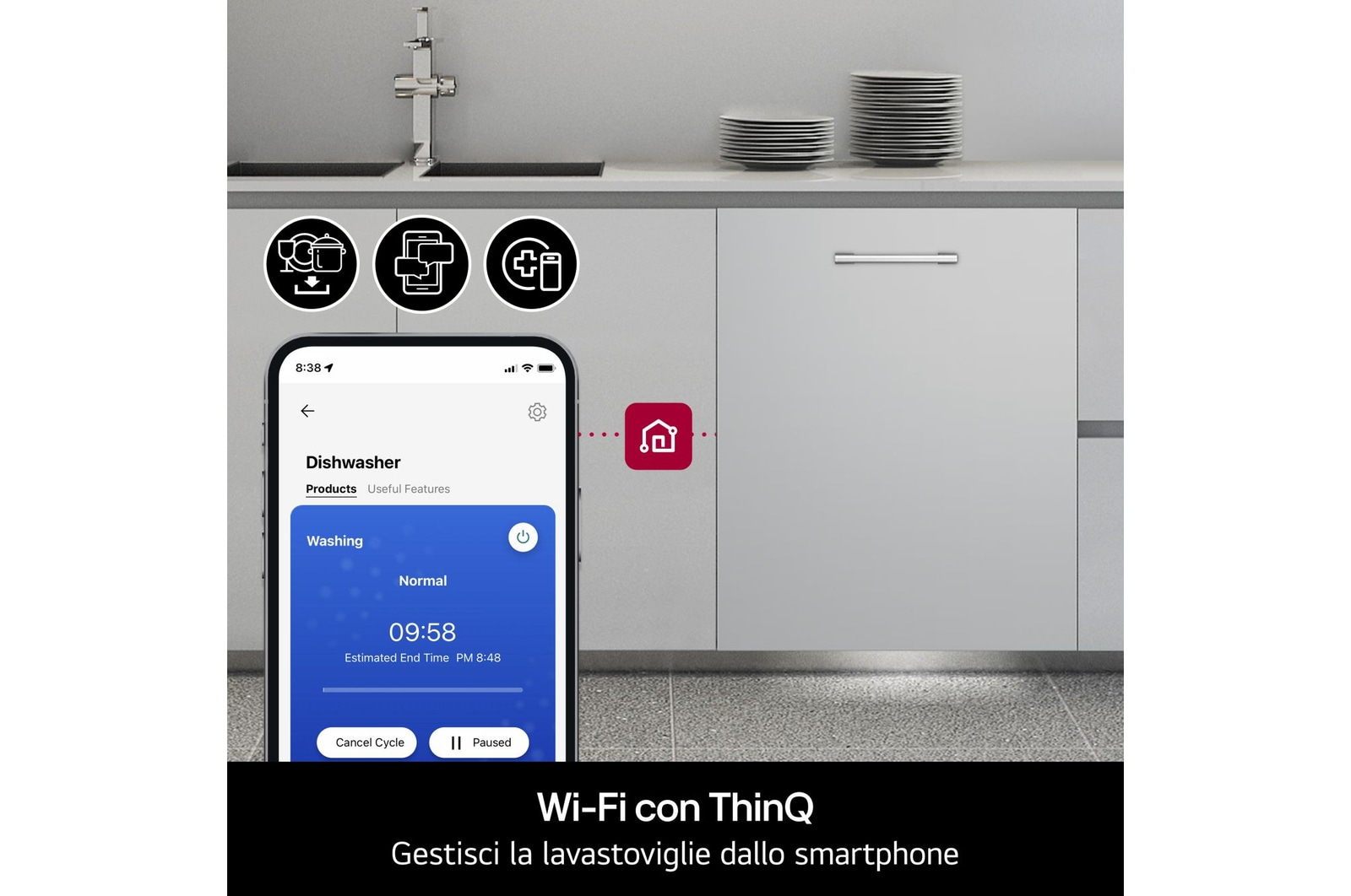Smartphone che mostra l'app della lavastoviglie davanti a una cucina moderna.