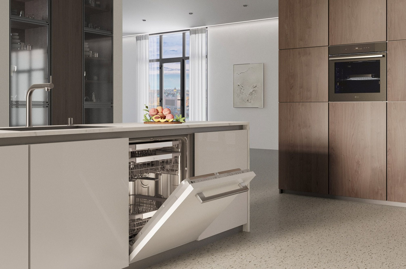 Cucina moderna con lavastoviglie aperta integrata nell'isola bianca, mobili in legno e vista sulla città.