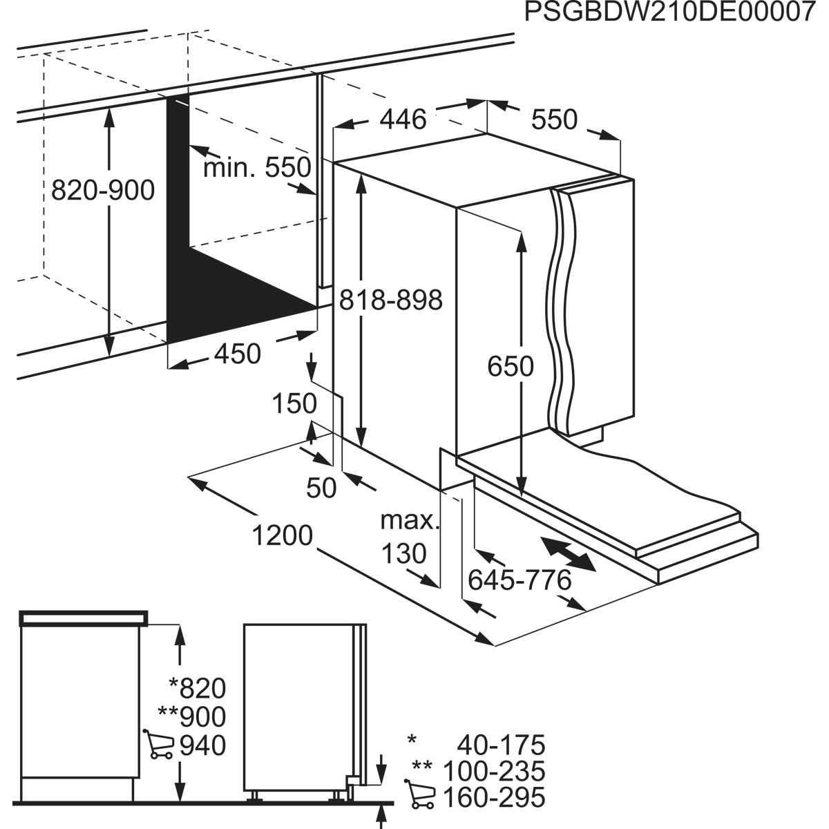 Disegno tecnico con dimensioni di installazione per una lavastoviglie.