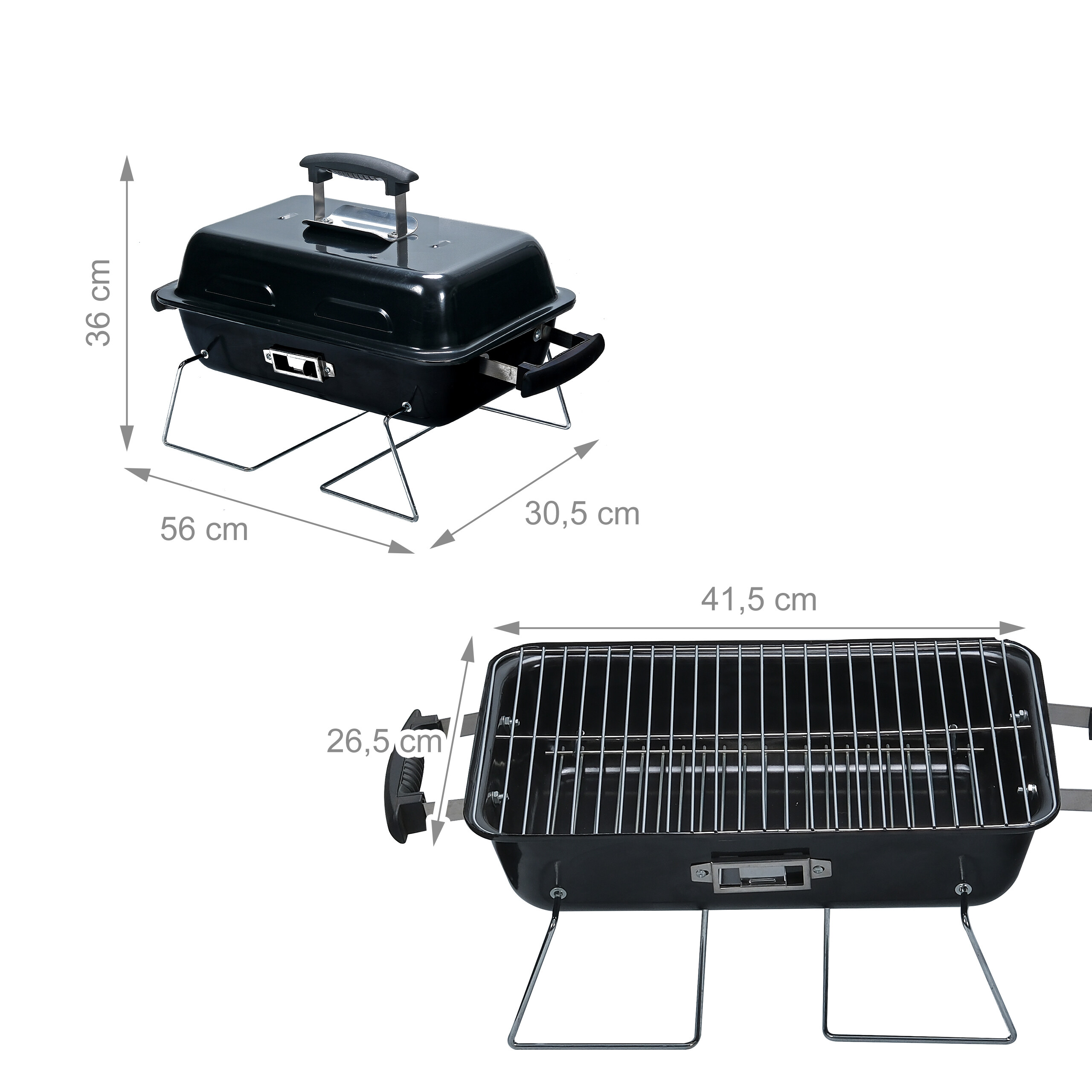 Schwarzer tragbarer Tischgrill mit Maßangaben für Höhe, Breite und Tiefe.
