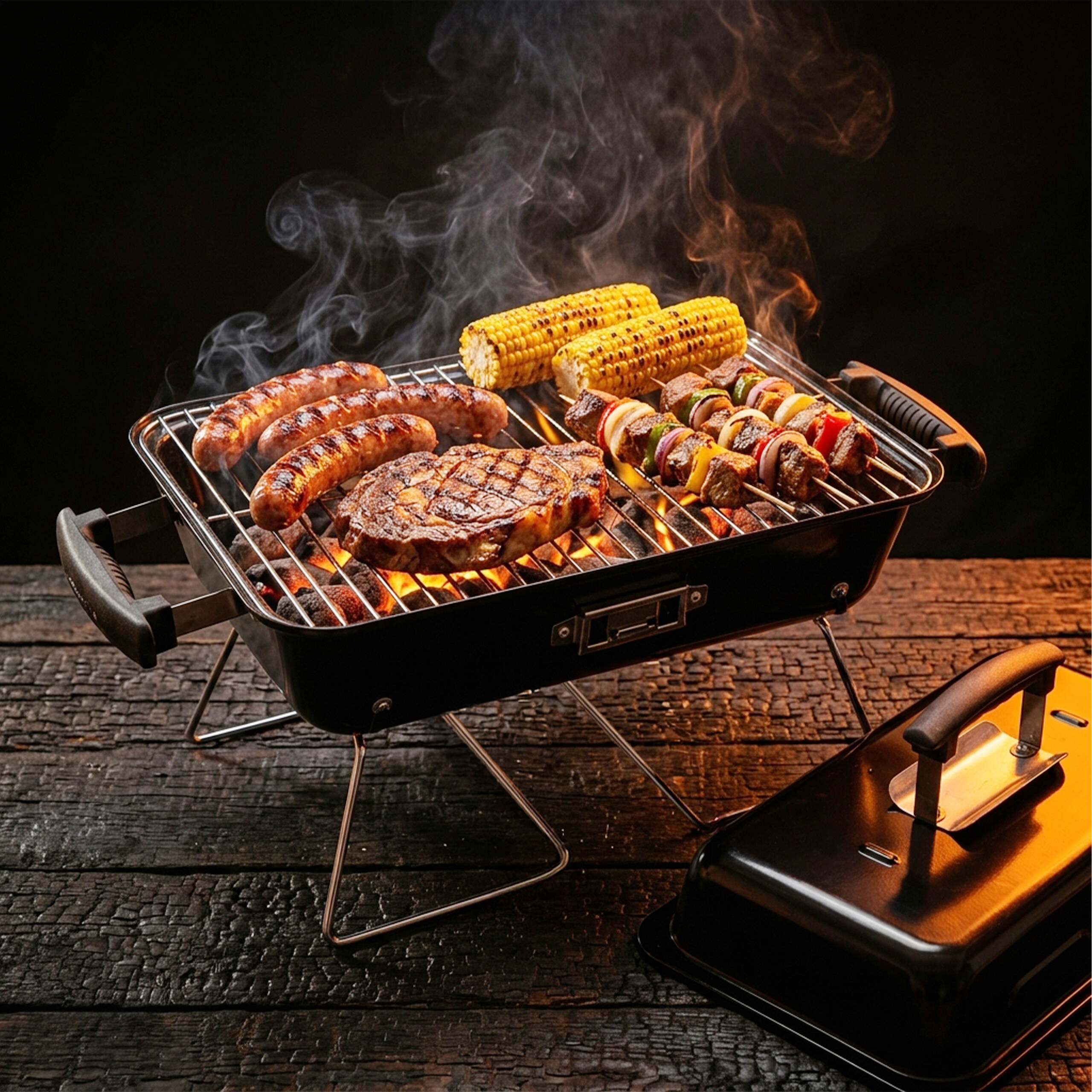 Würstchen, Mais, Steak und Spieße grillen auf einem Holzkohlegrill mit aufsteigendem Rauch.