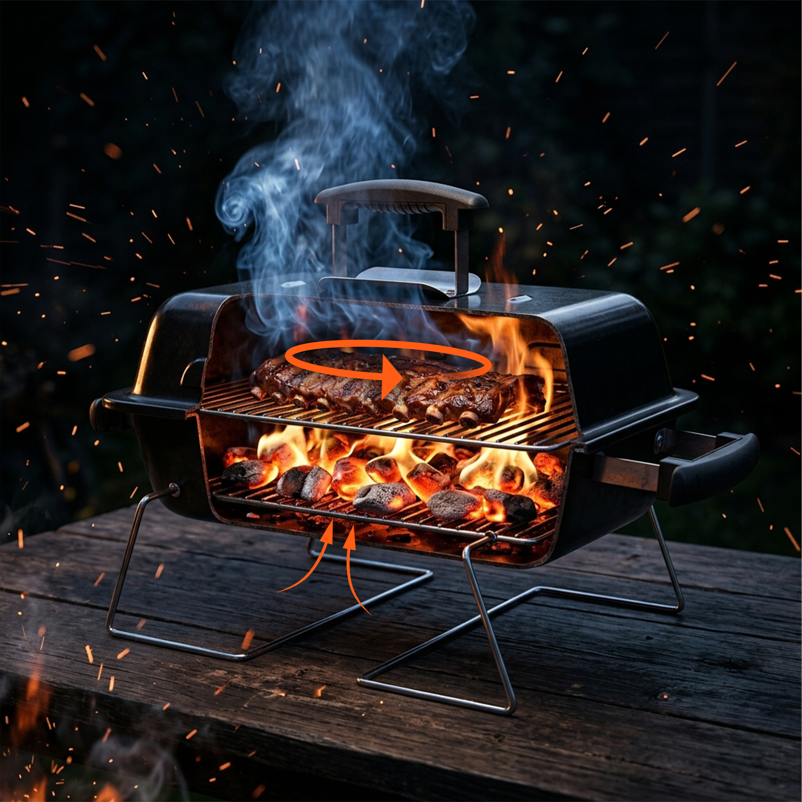 Tragbarer Grill auf Holz, mit brennender Kohle, Fleisch und Rauch.