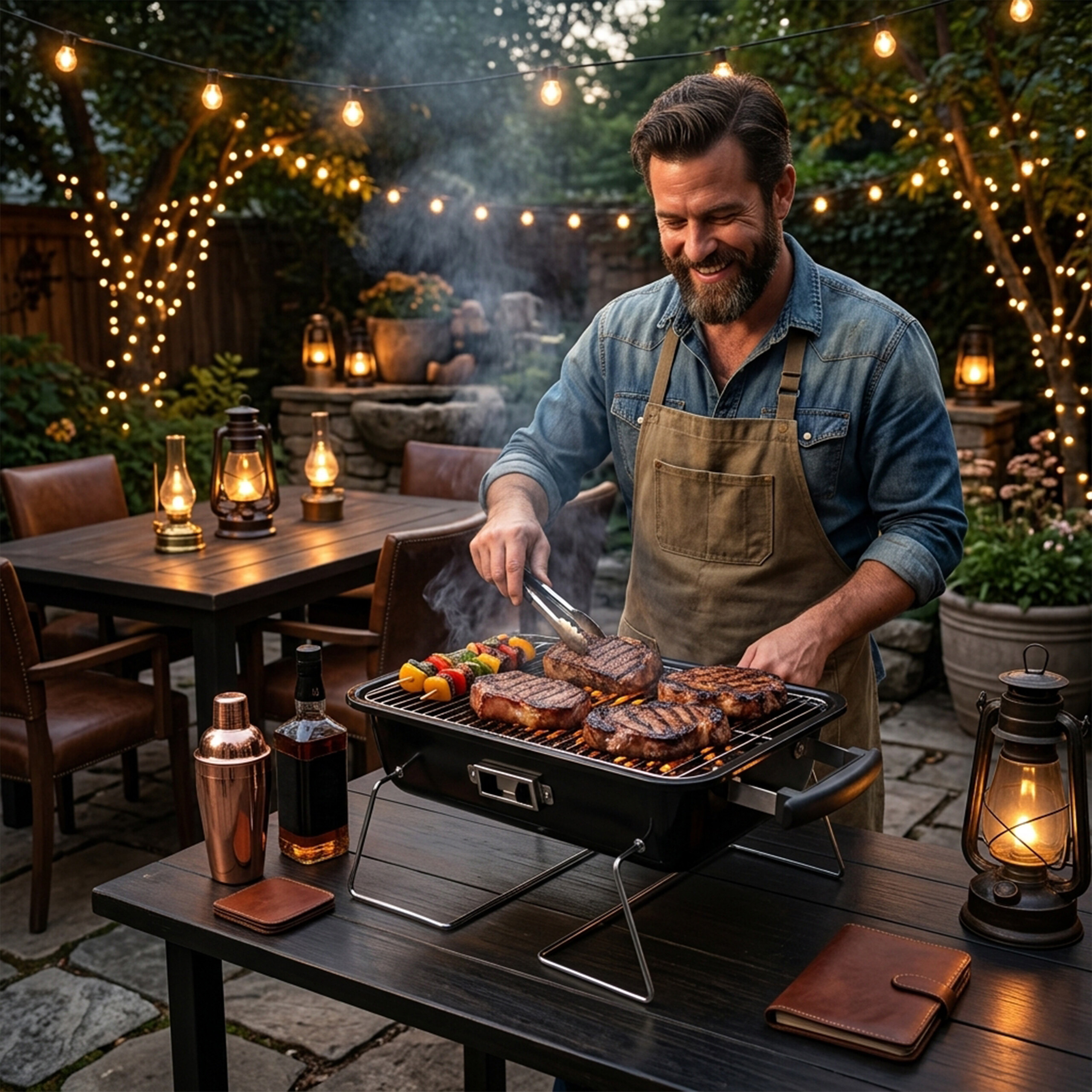 Ein bärtiger Mann mit einer Schürze grillt Fleisch und Spieße in einem Garten bei Abendlicht und Laternen.