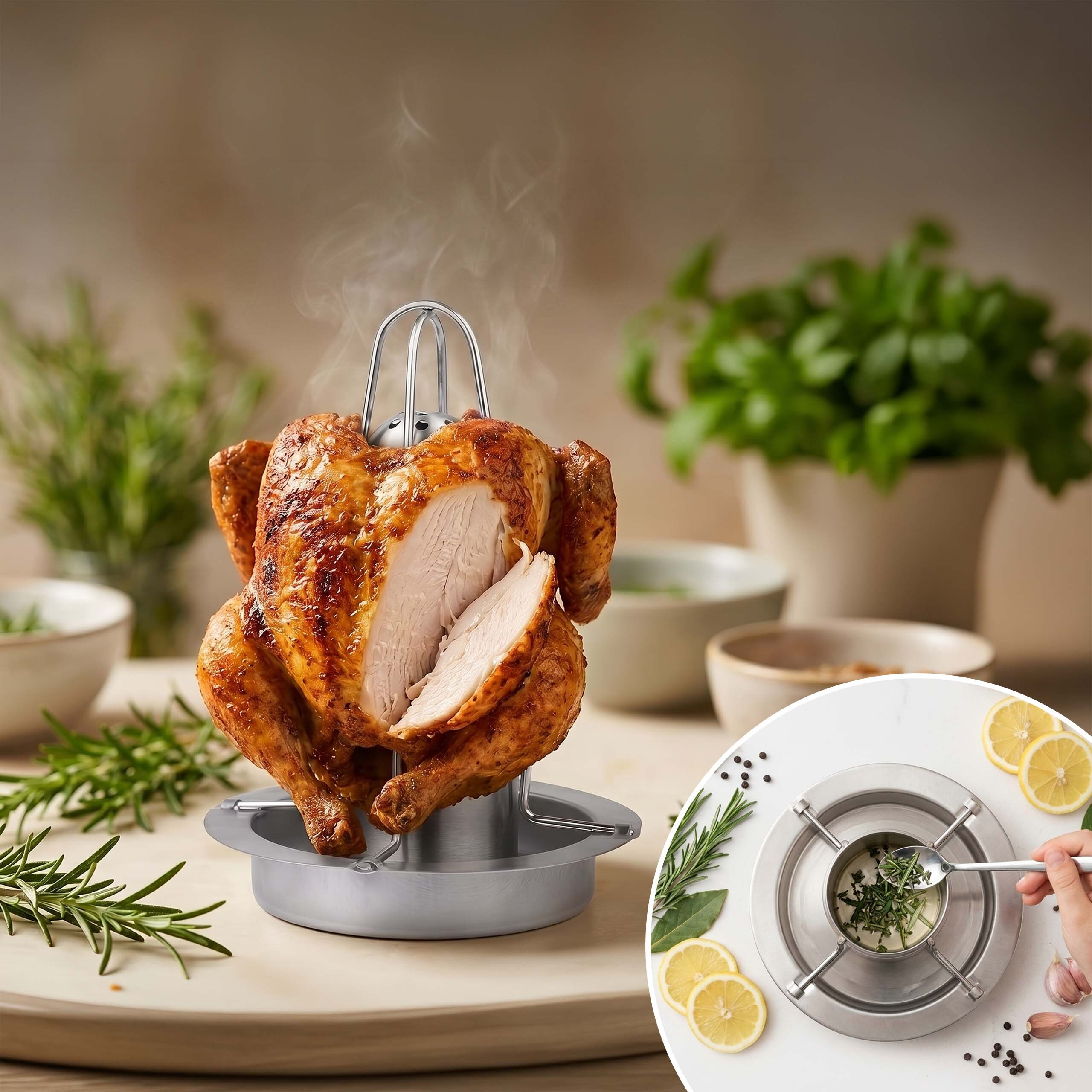 Ein geröstetes Hähnchen auf einem vertikalen Ständer mit Kräutern und Zitronen in einer Küche.