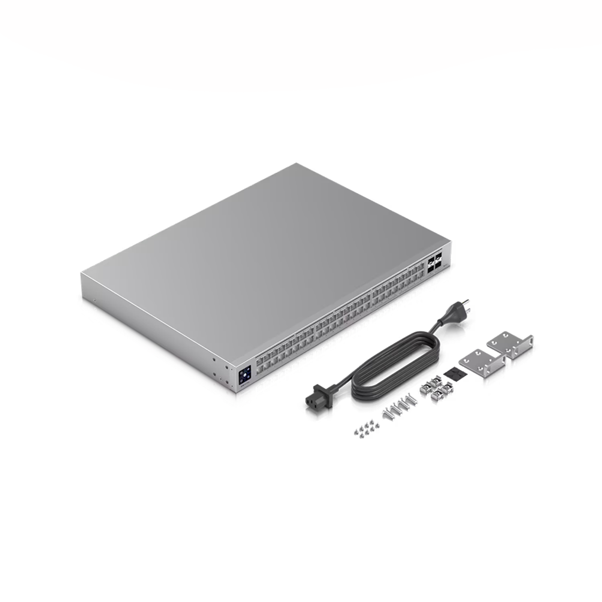 Silberner Netzwerk-Switch mit Stromkabel, Montagematerial und Rack-Halterungen auf weißem Hintergrund.