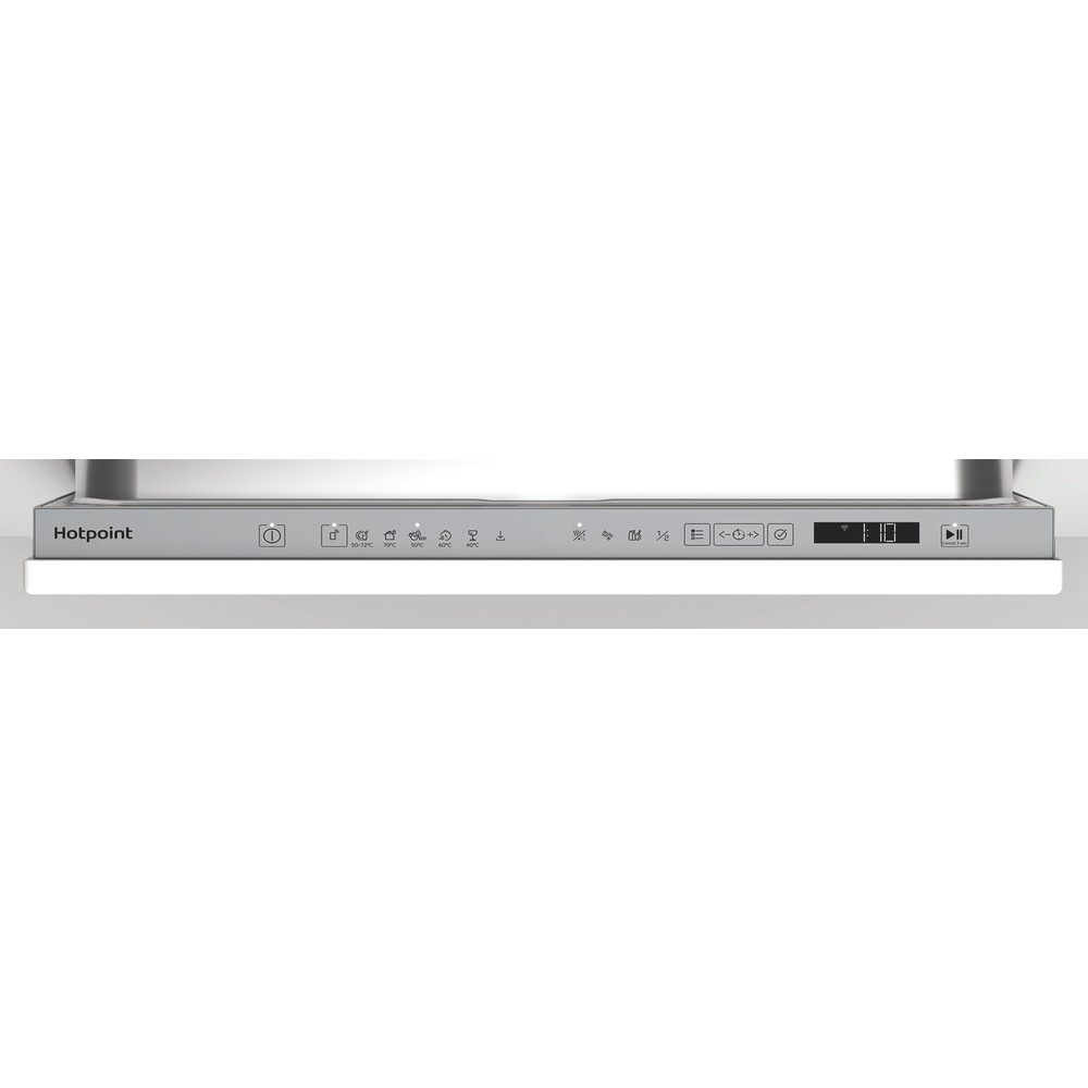 Pannello di controllo di una lavastoviglie grigia Hotpoint con tasti a sfioramento, icone e display LED.