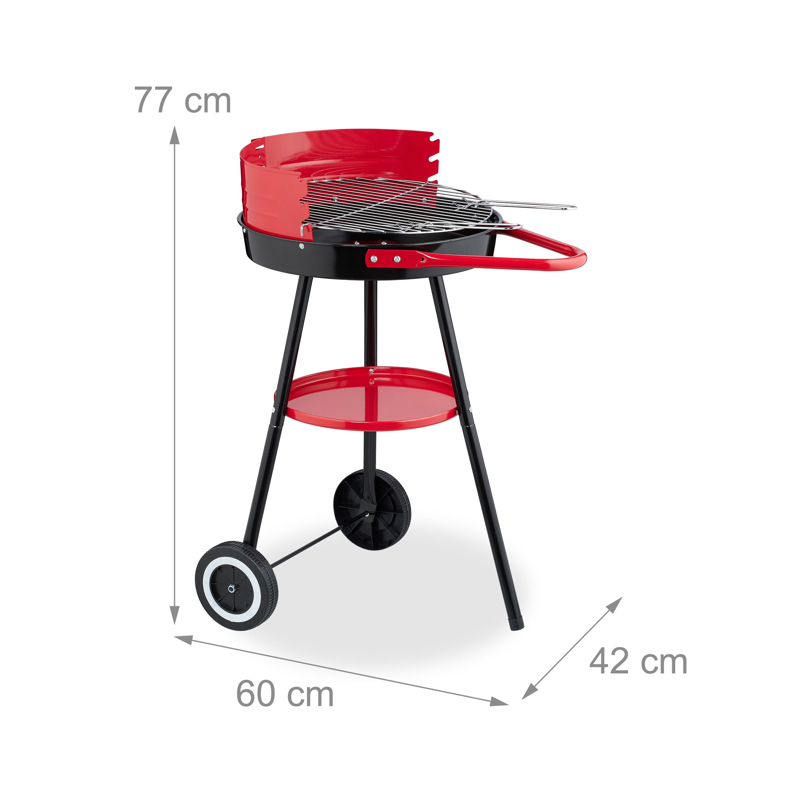 Ein rot-schwarzer Kugelgrill auf Rädern mit Maßangaben von 77 cm Höhe, 60 cm Breite und 42 cm Tiefe.