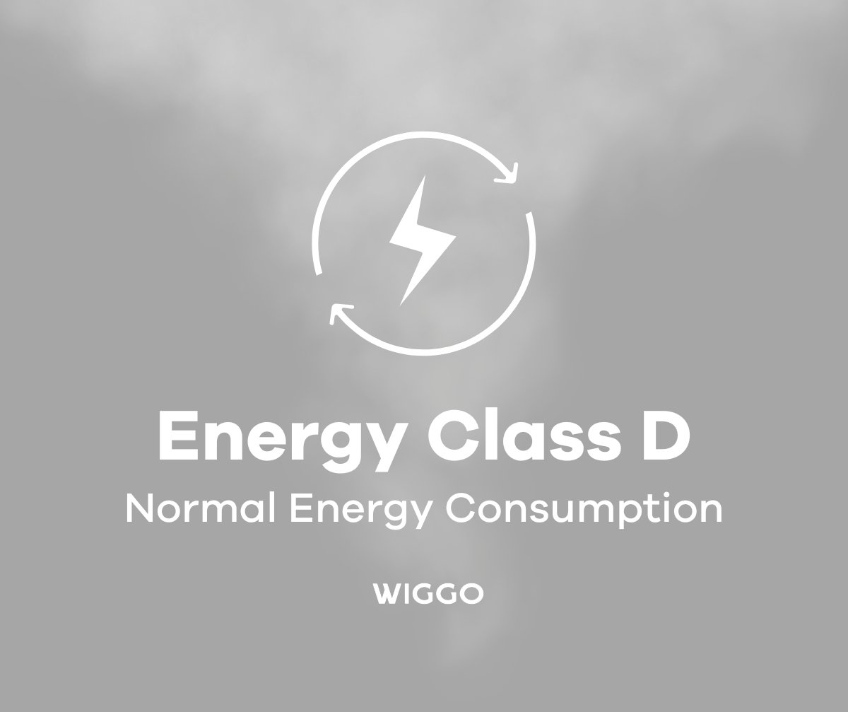 Energy Class D label with a lightning bolt inside a circular arrow icon, and the WIGGO brand name on a grey background.
