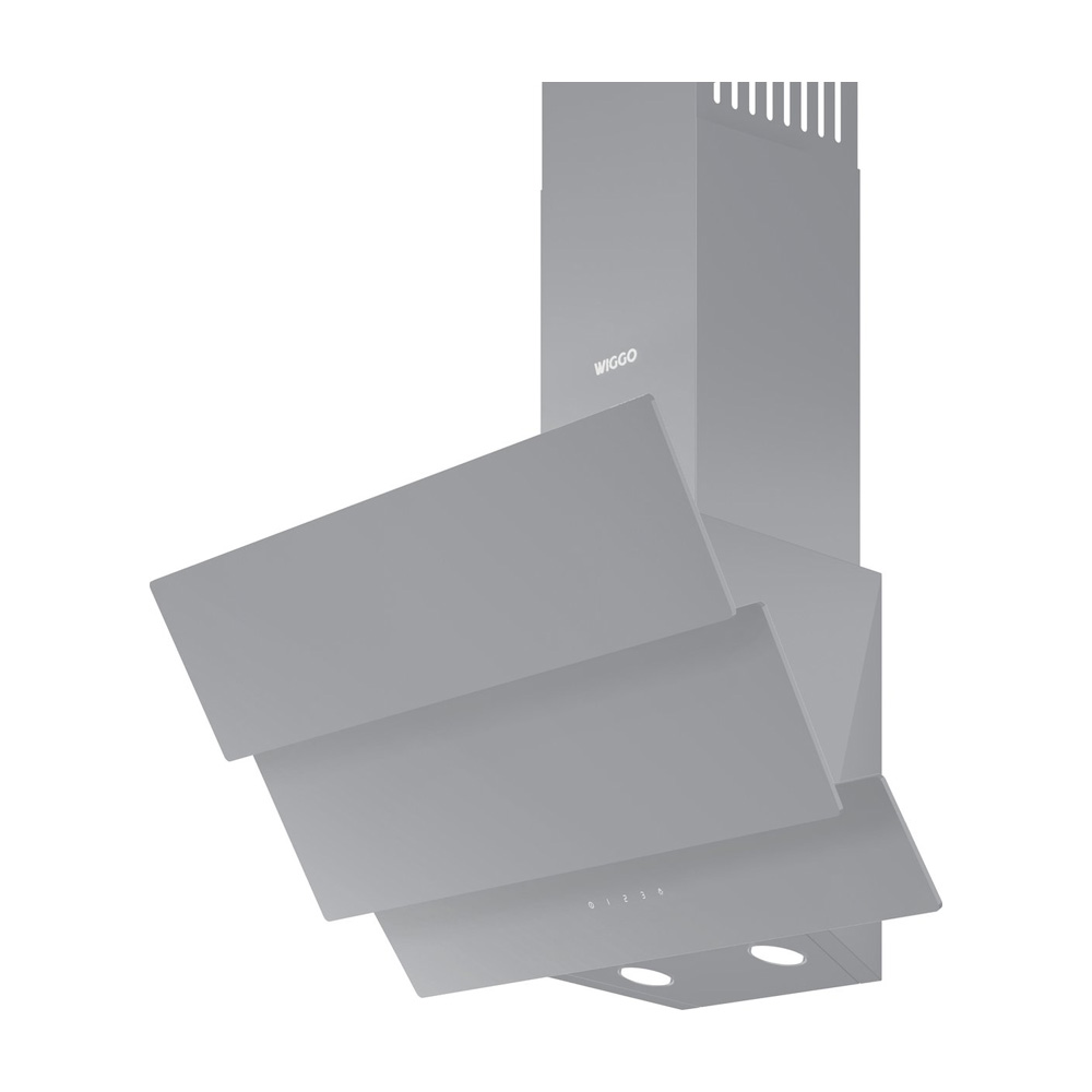 Modern grey wall-mounted cooker hood with angled panels and integrated lights.