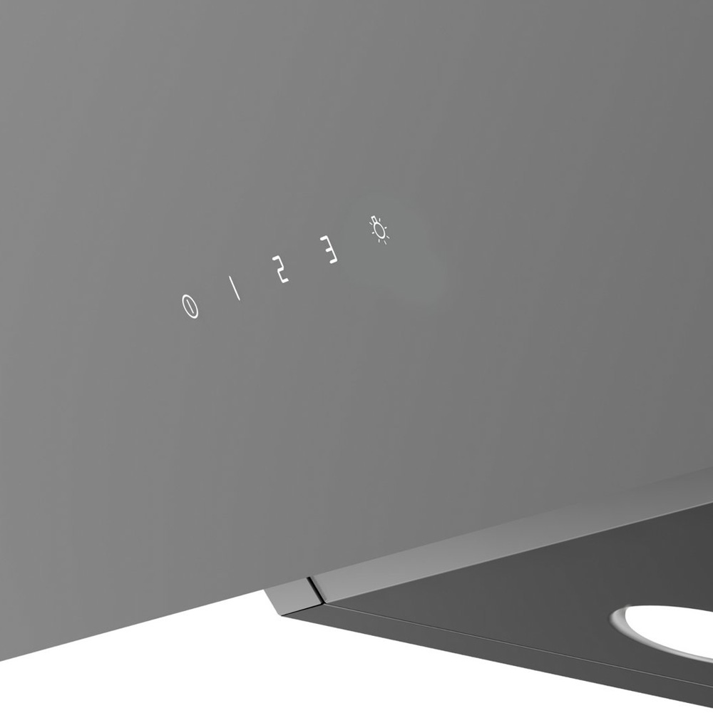 Grey control panel with illuminated numbers from 0 to 3 and a light icon on a kitchen hood.