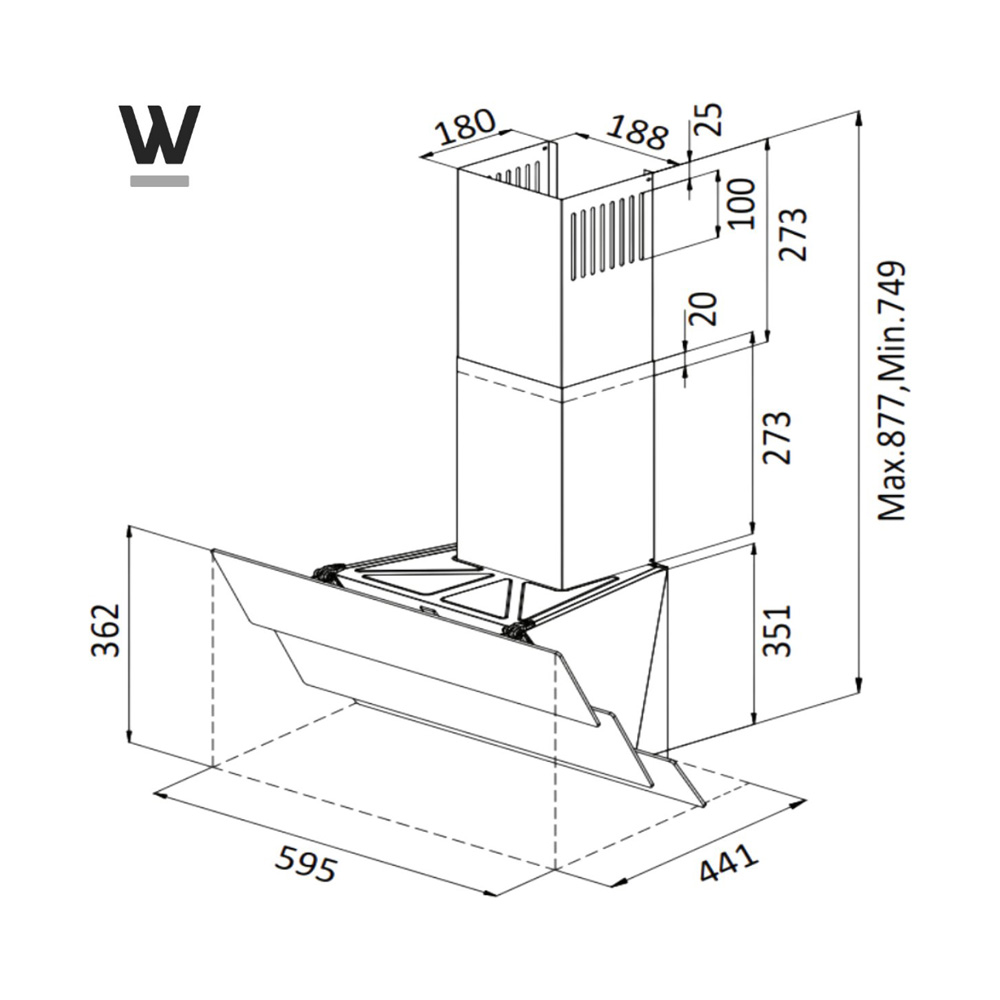 Technical drawing of a cooker hood with dimensions in millimeters on a white background.