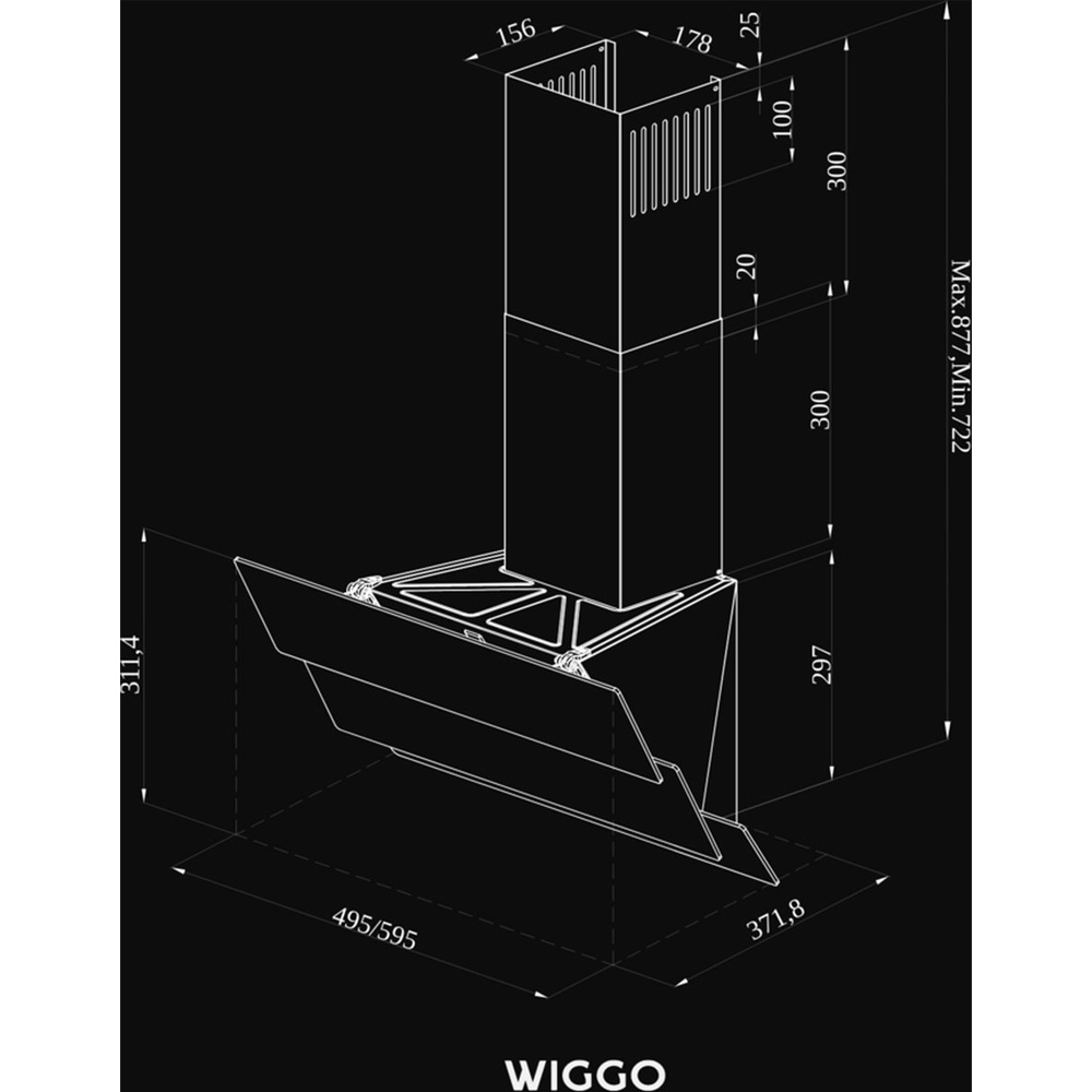 Technical drawing of a cooker hood with dimensions on a black background and the WIGGO logo.