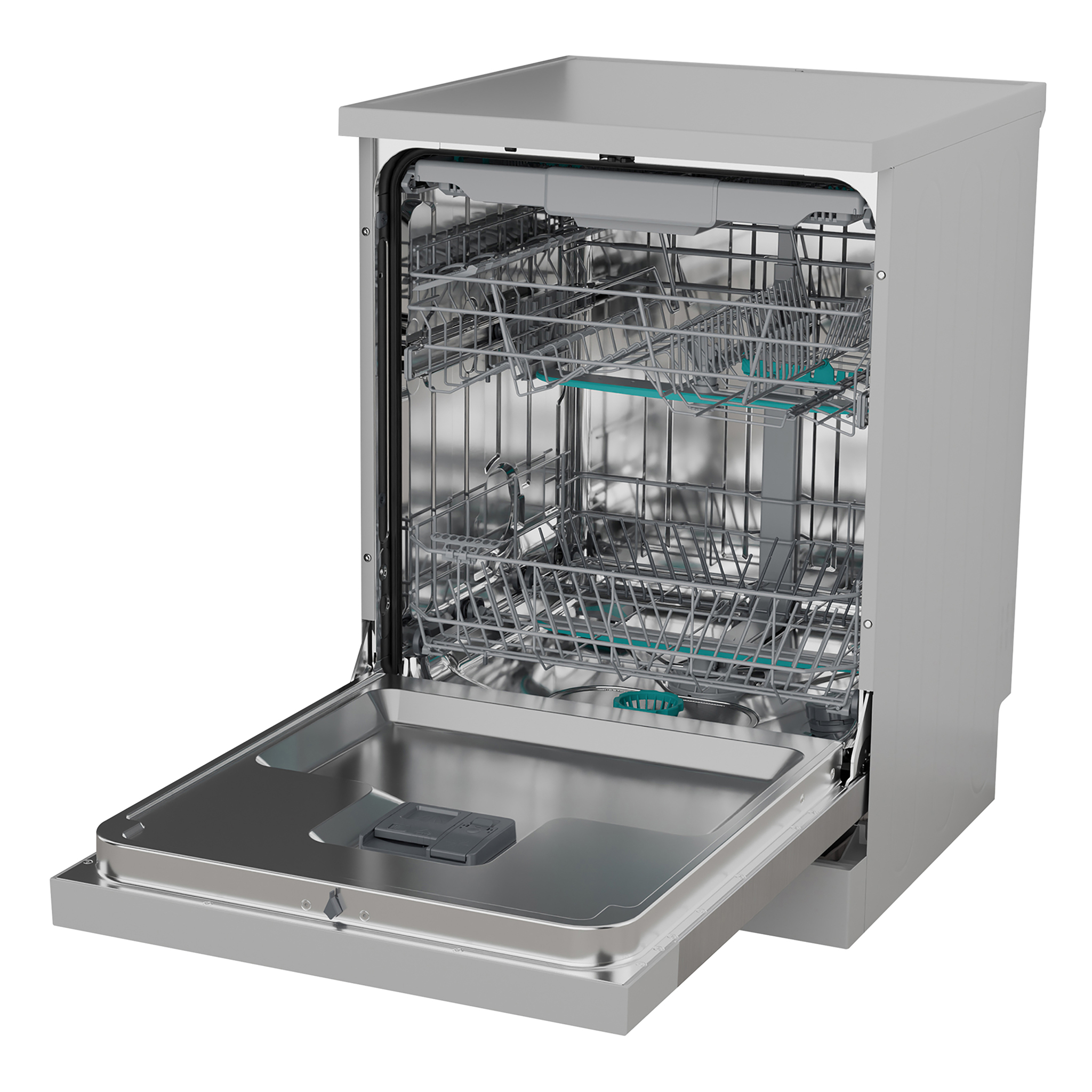 Lavastoviglie argentata con porta aperta e due cestelli metallici estraibili su sfondo bianco.