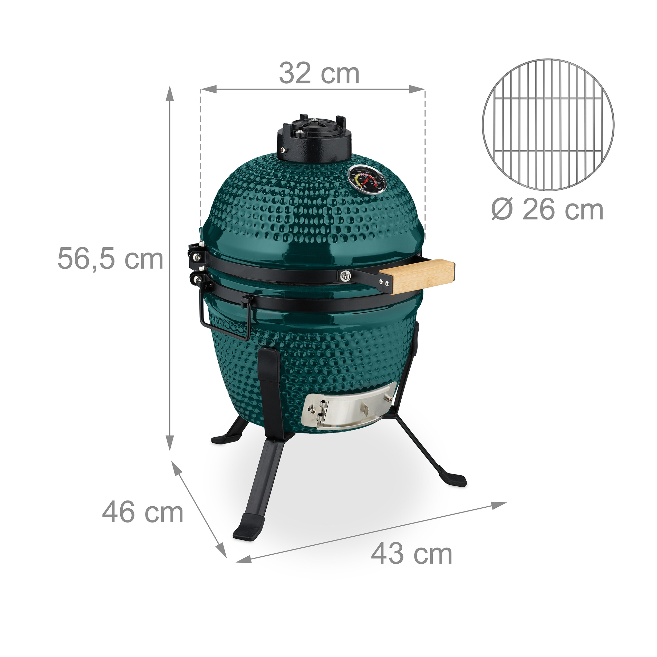 Grüner Keramik-Kamadogrill auf einem Ständer mit Maßangaben und Draufsicht auf den 26-cm-Grillrost.