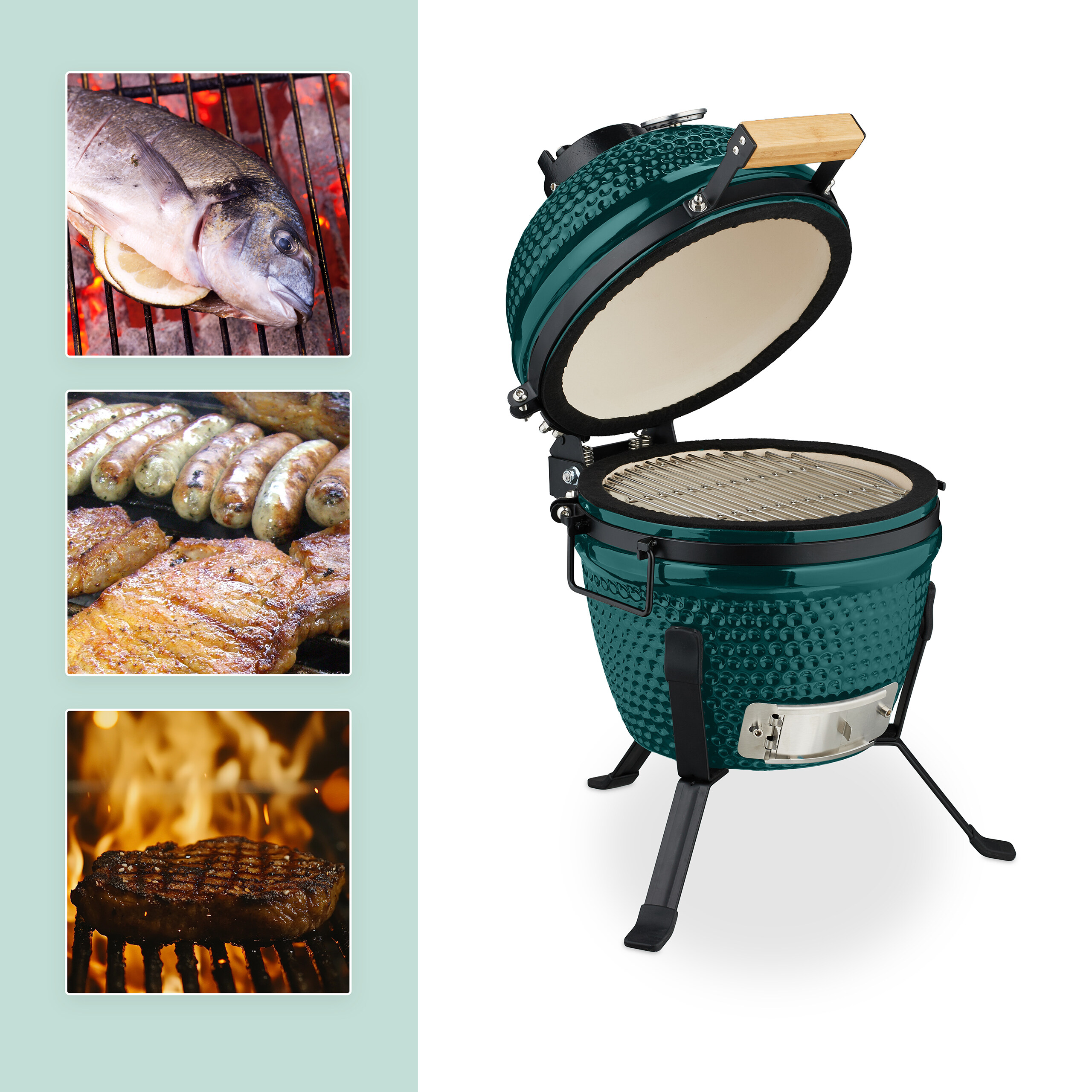 Grüner Keramik-Kamado-Grill mit geöffnetem Deckel, begleitet von Inset-Bildern mit Fisch, Würstchen, Fleisch und Steak.