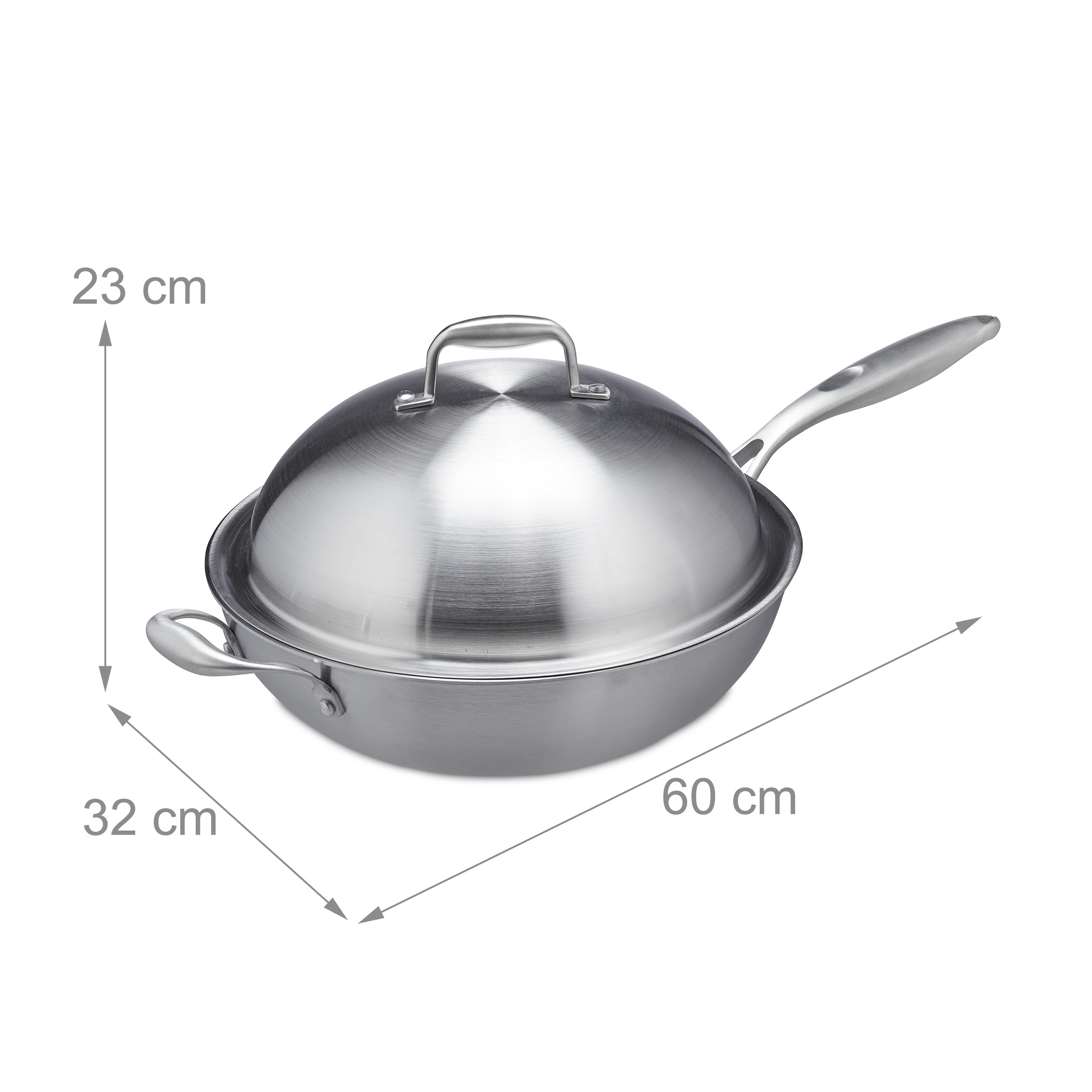 Edelstahl-Wok mit Deckel und Maßangaben in cm auf weißem Hintergrund.