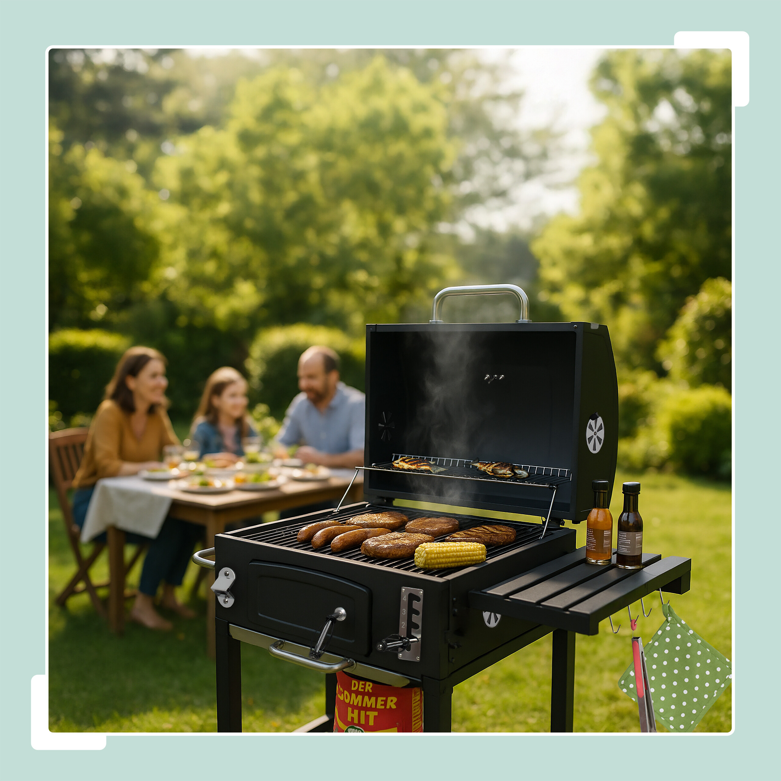 Ein rauchender Holzkohlegrill mit Fleisch und Mais im Vordergrund, während eine Familie im grünen Garten am Tisch sitzt.