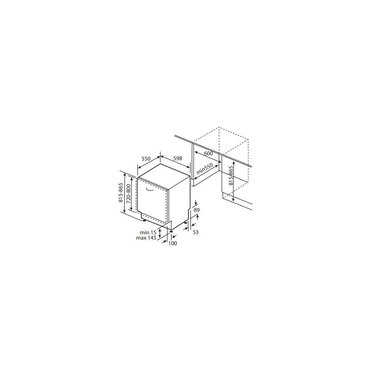 Schema tecnico con le dimensioni di installazione di una lavastoviglie in millimetri.