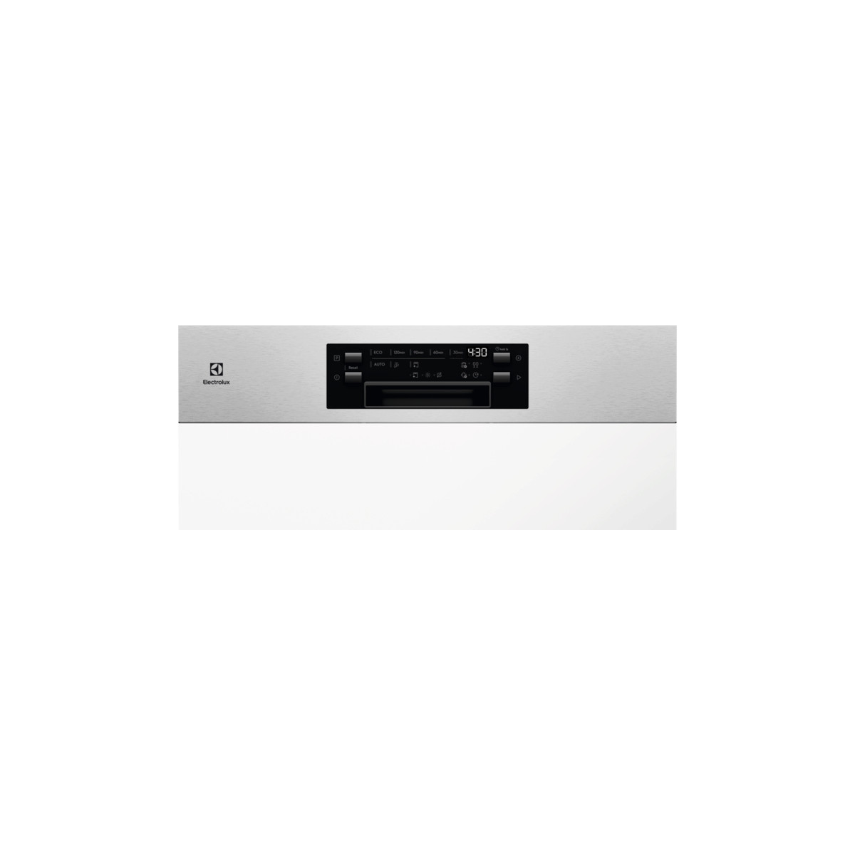 Lavastoviglie da incasso con pannello di controllo in acciaio inossidabile, display digitale e frontale bianco.